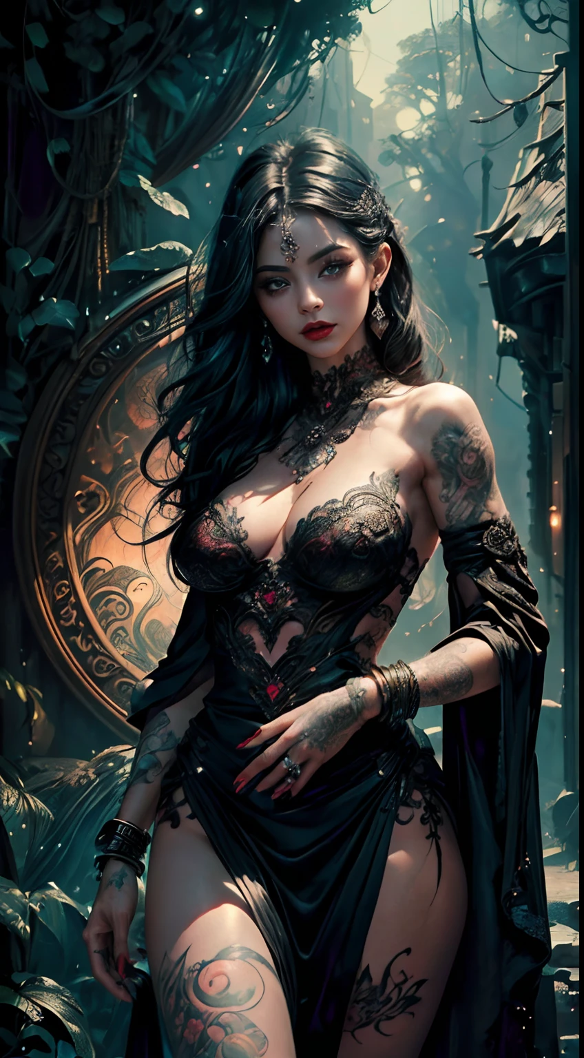 1 character, 1 girl, Dark night, Rose ,Dark design, (Masterpiece, Top quality, Best quality, offcial art, Beautiful and aesthetic:1.2), , extreme detailed details,(Fractal art:1.3),Colorful ,highest details,(Sexy woman in dress, A beautiful  ,Scribe, Sex workers, prostitute, hooker),(Sex pose, Erotic design , Erotic face, Erotic pose),(small tits, Black hair , Big eyes, Sexy eyes and body covered with tattoos, Red lips, Sexy lips, Sexy face, hand tattoo, leg tattoos, chest tattoo ,Gray hair on pores), (Wear accessories ,Black accessories, Slave bracelet, Bracelet, , Naked, a magical forest,(((Masterpiece))), (((Best quality))), ((Ultra-detailed)),(Highly detailed CG illustration) ((An extremely delicate and beautiful)),Cinematic light, Delicate hands, Dark magic,