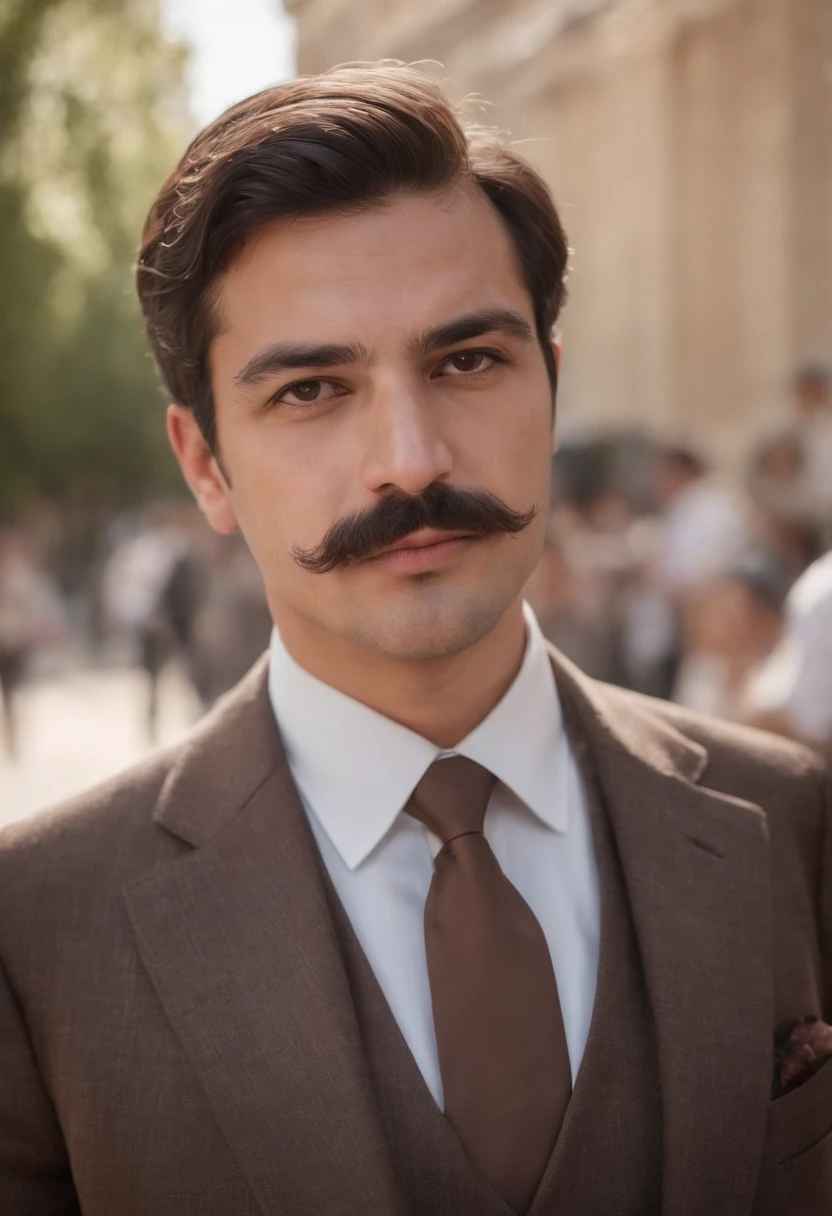 The third person, wide mustache and the top of the mustache with a chubby face, dark brown suit with a tie, daylight, Aram Street, Iran, the depth of the square, is very real.