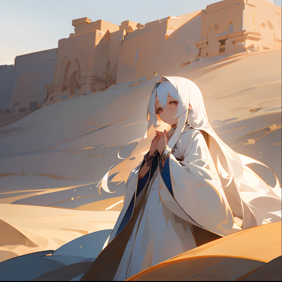 (masterpiece、top-quality)、One girl with long white hair standing in the desert、Put your hands under your chin、Warm lighting、robe blanche、blurred foreground