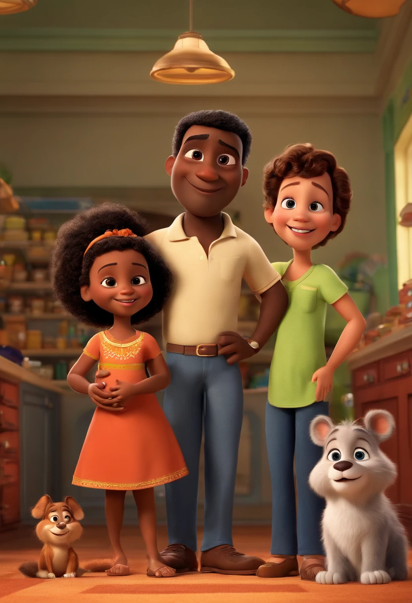a Disney Pixar movie poster showing a black skinned family father. The father is the tallest, Tem barba curta, grisalho pouco calvo. The mother has brown eyes and hair, shoulder-length and is slightly overweight. A menina tem 6 anos e cabelos cacheados na altura do ombro, and a 1--old belo pequeno cacheado. The background is a computer store. 3D-rendering