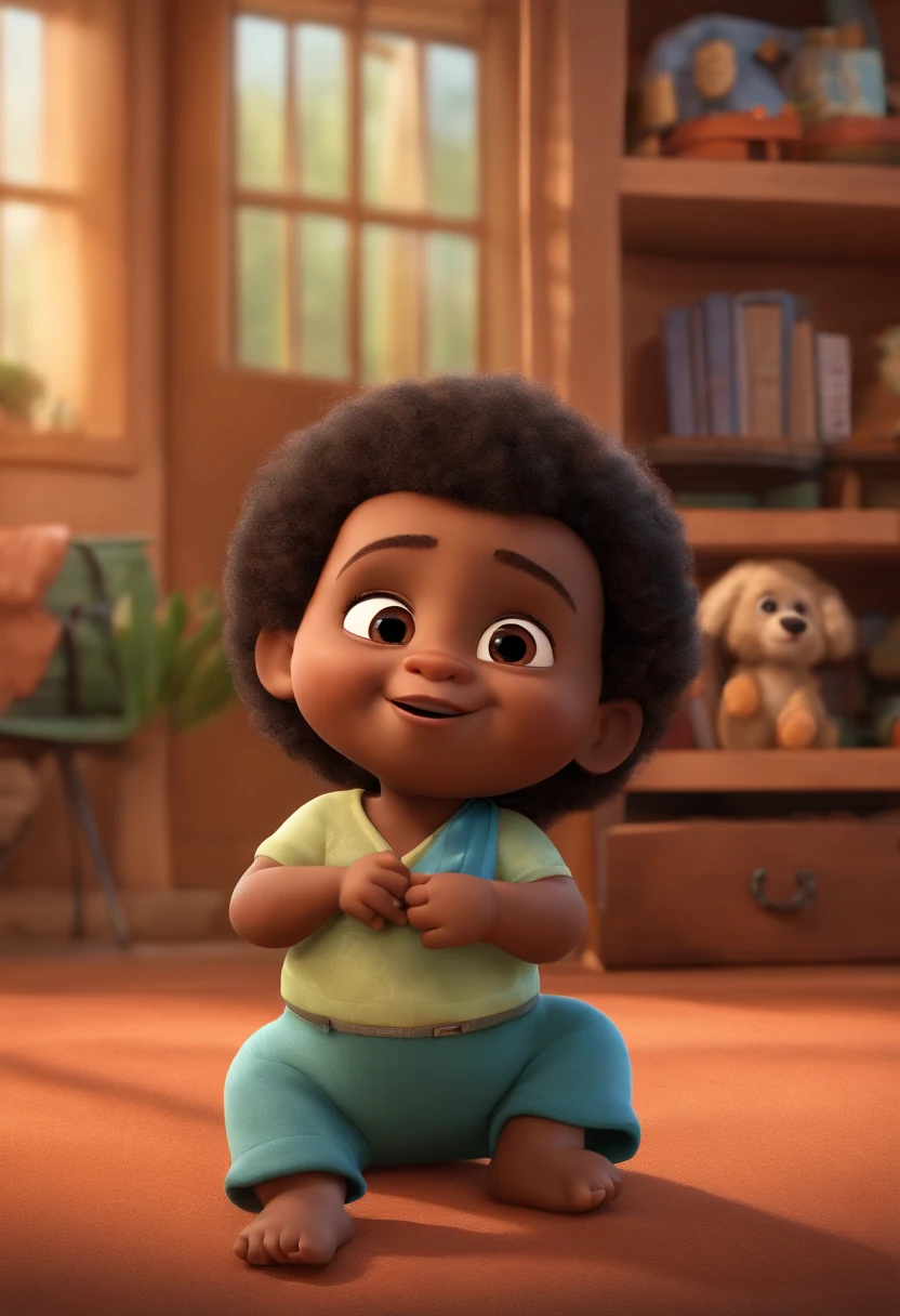A Disney-Pixar style 3D movie poster. a smiling 2-month-old boy, dark-skinned, long curly hair, short brown, bright brown eyes, wearing a white dress shirt with two vertical light green stripes on each side of the chest. Charming and genuine smile. The sun casts a golden hue over