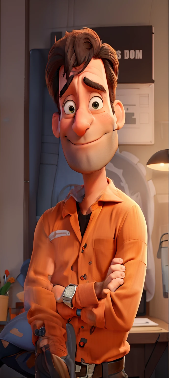 Jon Hamm, Cartoons in orange shirt and black pants, arms crossed, olhando para frente e sorrindo com os dentes aparecendo;
