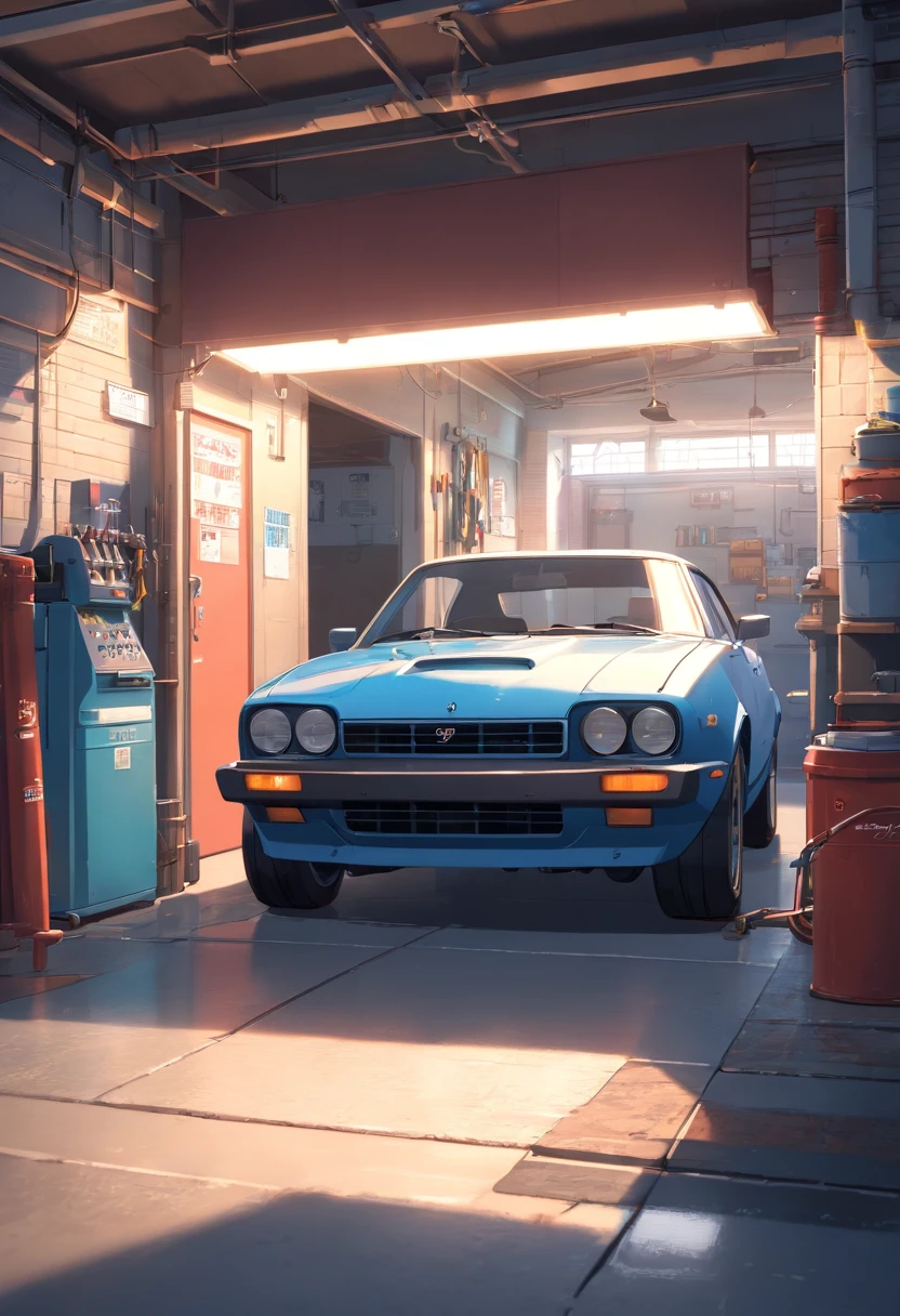 Create a Pixar-style 3D image: An automotive garage with a picture on the wall that reads Garage Service 1327 and with a car and a skinny man with black skin, bald and a very big beard, 35 years old with white sneakers, black pants, black t-shirt with logo 1327 and fixing the car with an open hood showing the engine and inspired by faster and angrier