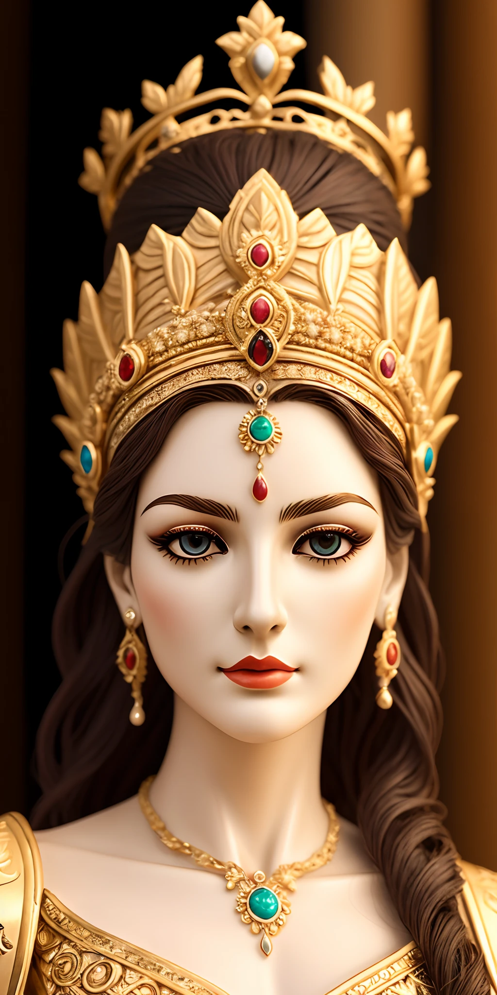 Queen Hera ancient goddess royal face, ultra straight nose, detailed drawn eyes, thin lips wearingwhite outfit standingin olympus palace ultra realistic image.