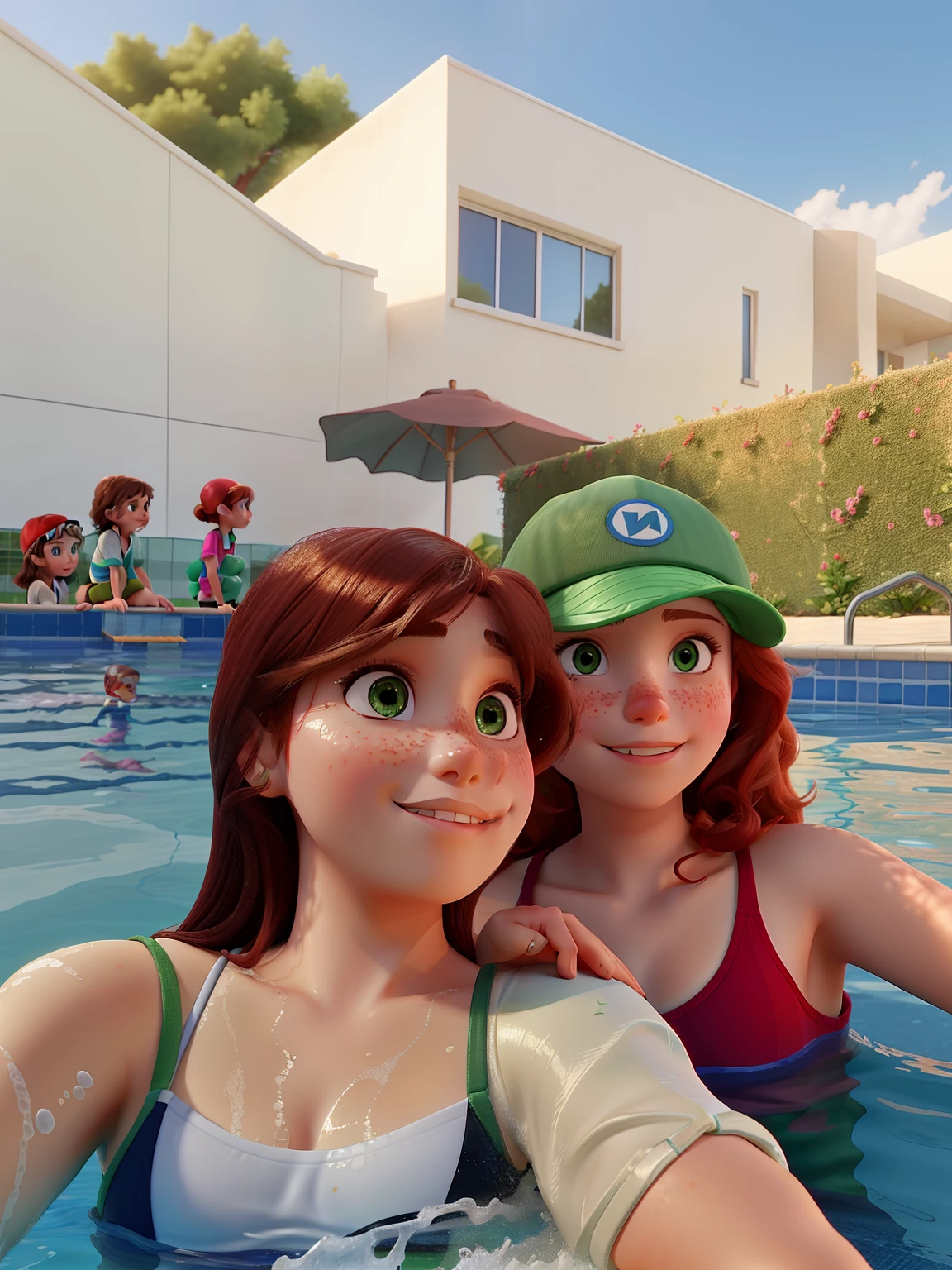 Two girls in a swimming pool, a brunette with on her face and another redhead with a green cap