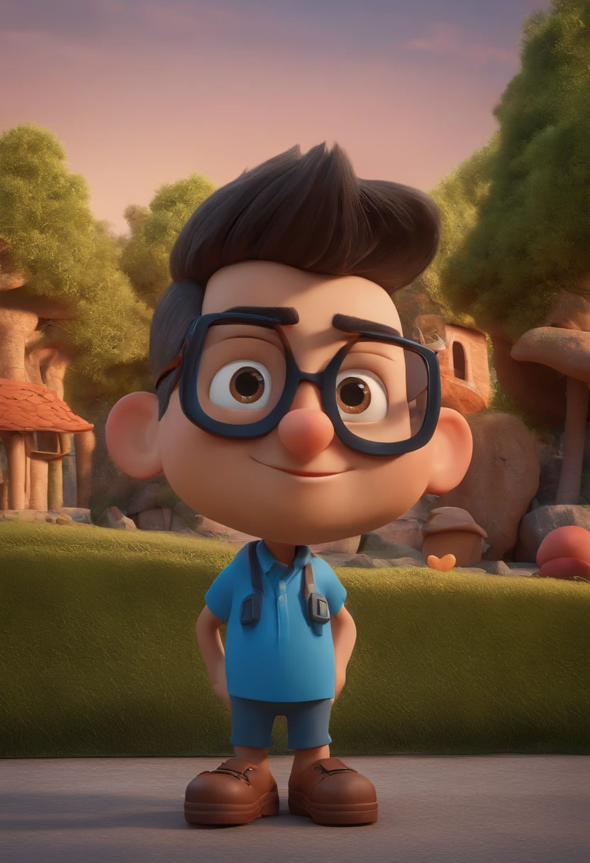 Cartoon character of a man wearing black glasses and a blue shirt, um personagem animado, Caractere estilizado, animation style rendering, 3D estilizado, Arnold Maya render, 3 d render stylized, toon render keyshot, Personagem 3D, Personagem 3D, 3d rendering stylized, 3 d character render, personagem de desenho animado, Personagem de close up, Pose de personagem, (Estilo Pixar) (master part:1.2) (Bokeh) (best quality) (pele detalhada) (textura detalhada) (8k) (argila) (Cinematic lighting) (foco nítido,Senta e vaza a parte superior do corpo