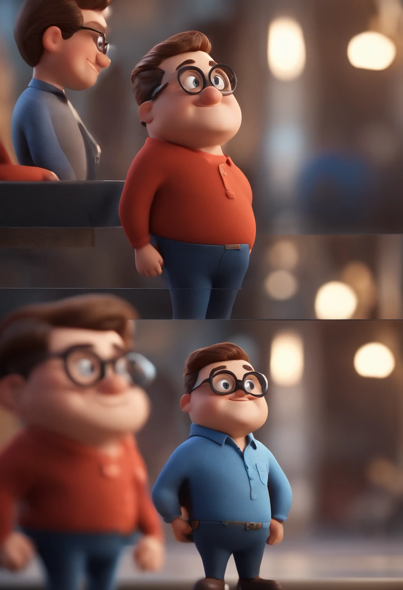 Cartoon character of a man with black glasses and a blue shirt, animation character, Caractere estilizado, animation style rendering, 3D estilizado, Arnold Maya render, 3 d render stylized, toon render keyshot, Personagem 3D, Personagem 3D, 3d rendering stylized, 3 d character render, personagem de desenho animado, Personagem de close up, Pose de personagem,  (Estilo Pixar) (master part:1.2) (Bokeh) (best quality) (pele detalhada) (textura detalhada) (8k) (argila) (Cinematic lighting) (foco nítido