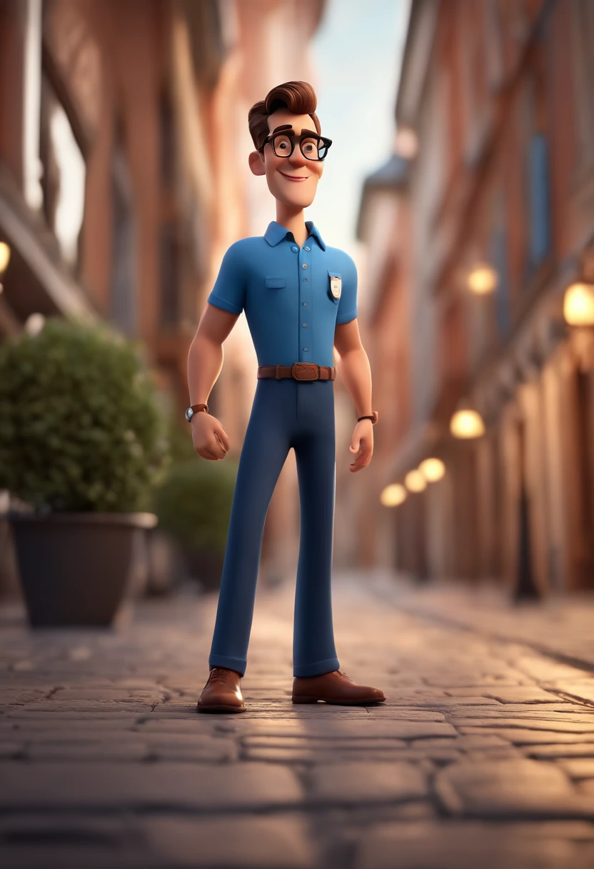 Cartoon character of a man with black glasses and a blue shirt, animation character, Caractere estilizado, animation style rendering, 3D estilizado, Arnold Maya render, 3 d render stylized, toon render keyshot, Personagem 3D, Personagem 3D, 3d rendering stylized, 3 d character render, personagem de desenho animado, Personagem de close up, Pose de personagem, (Estilo Pixar) (master part:1.2) (Bokeh) (best quality) (pele detalhada) (textura detalhada) (8k) (argila) (Cinematic lighting) (foco nítido