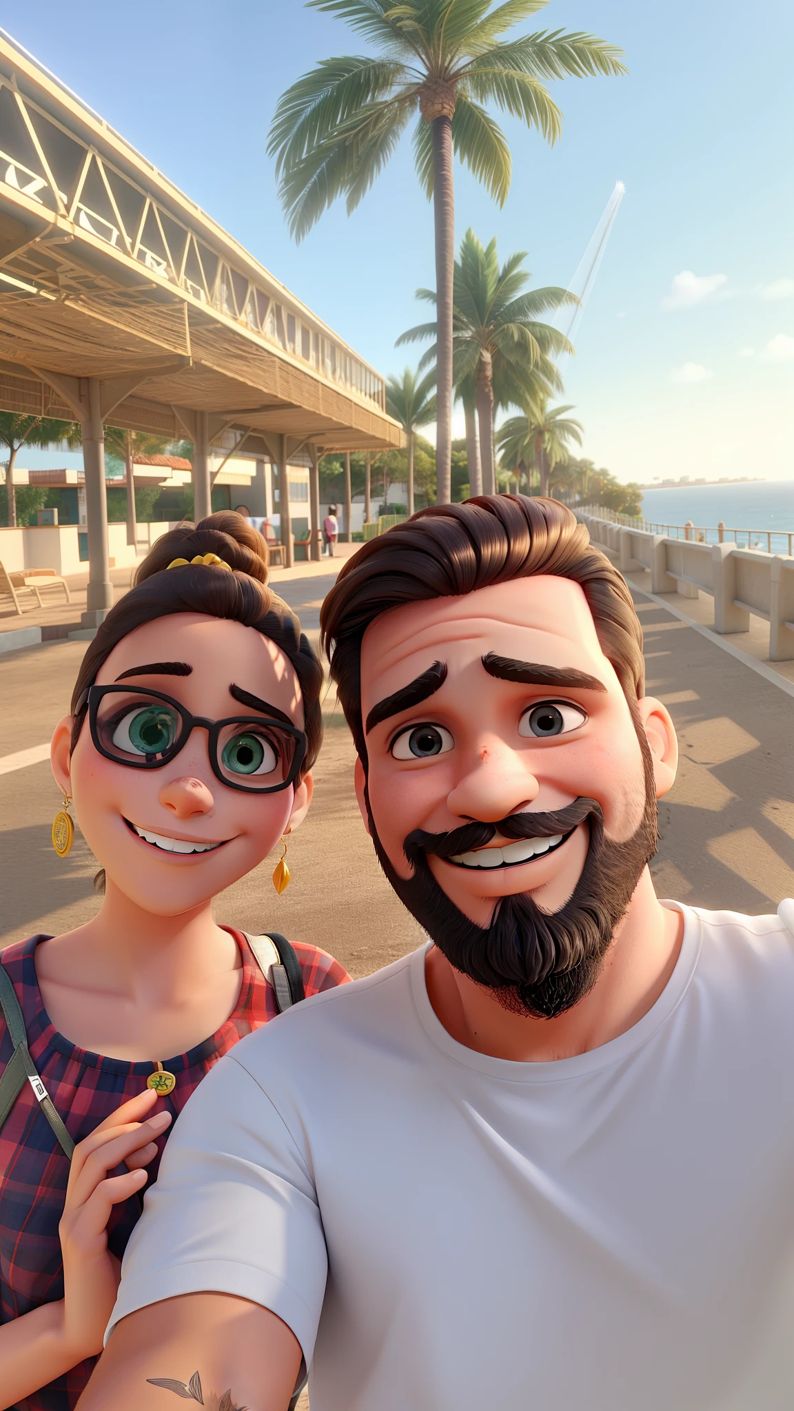 Um homem, uma mulher, juntos sorrindo. O homem utiliza barba e a mulher tem cabelo loiro.