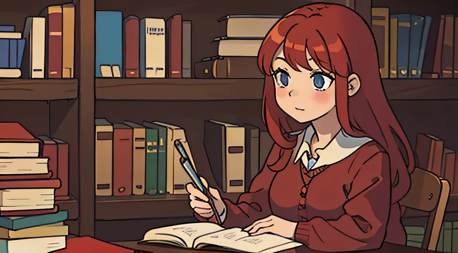 Red-haired schoolgirl studying in the library