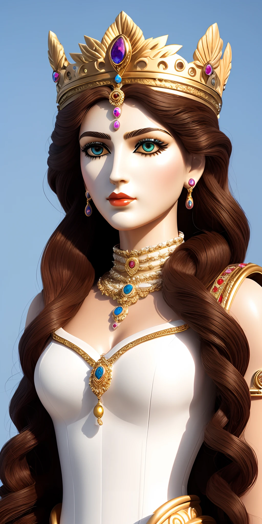Queen Hera ancient goddess royal face, ultra straight nose, detailed drawn eyes, thin lips wearingwhite outfit standingin olympus palace ultra realistic image.
