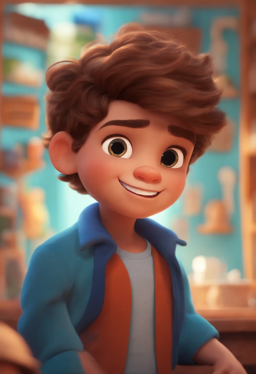 Image of a boy for a story in a YouTube video in Pixar format, He's the little allabester, He's the class leader, He's outgoing, Playful and gets up for a lot of things, cabelo curto