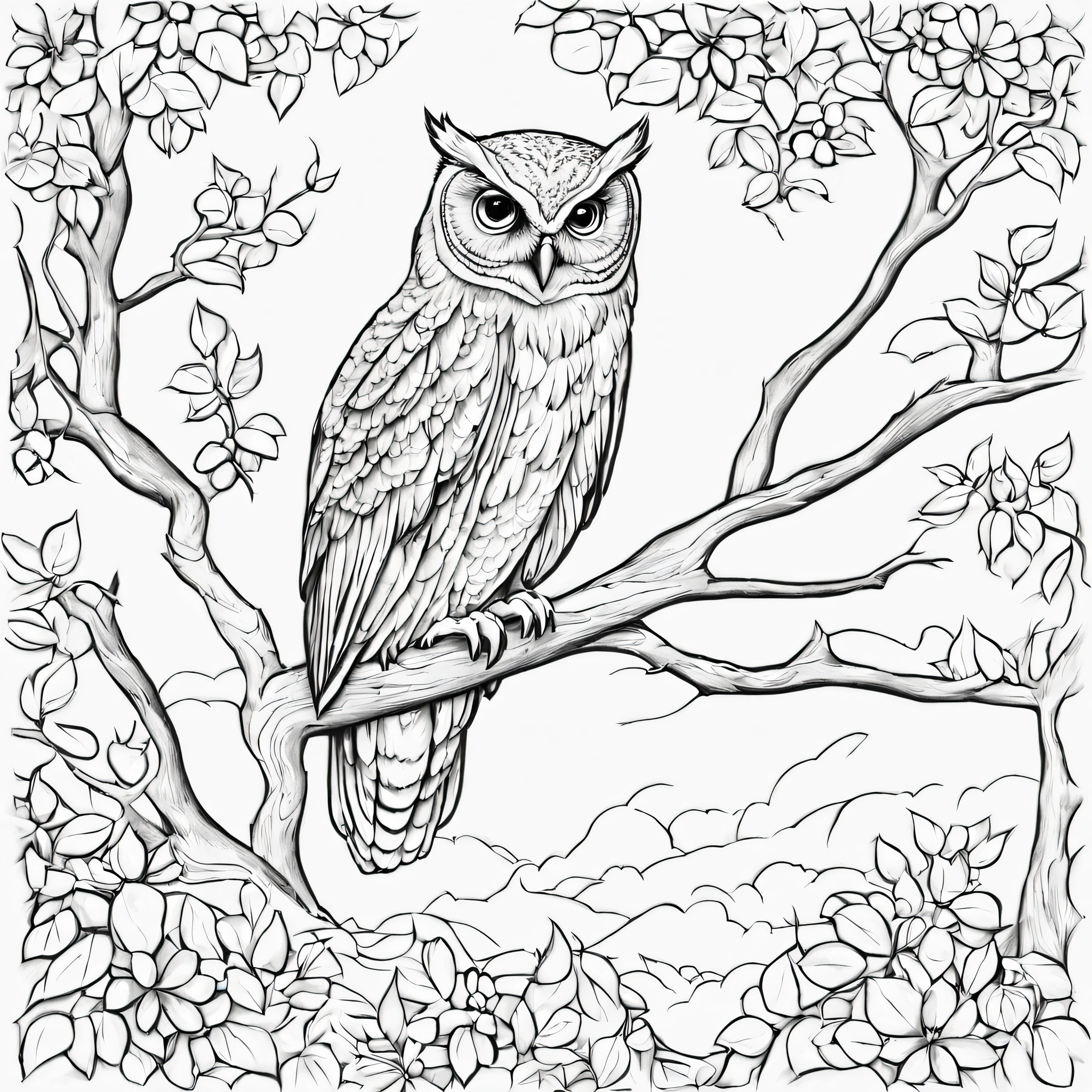 owl on the tree coloring page