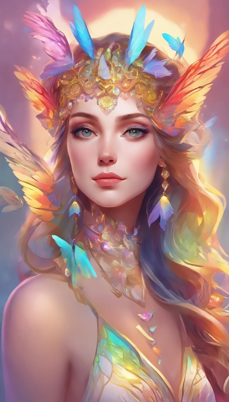 (((master part))), (((best quality))), ((ultra-detalhado)),(Highly detailed CG illustration), ((um extremamente delicado e bonito)),olhos amarelos, Cinematic light, arte de fantasia impressionante. Mythological fantasy and fairy tale fantasy, Fantastic rainbow accent. ((Use o pastel como esquema de cores principal.)) Delicate character, mas forte,Aura of mystery and magic, (Beautiful Translucent Rainbow Wings). intricate facial features, olhos cativantes com cores brilhantes e sombras ousadas. As roupas do personagem devem ser desenhadas com penas de gossamer, seda, Amazing embroidery, e detalhes sutis iridescentes. Cores sonhadoras, dynamic lighting, e elementos de fundo detalhados,Colorful flying magic birds and jewel-toned rainbow butterflies that exude magical halos. Consider the latest trends in fantastic art, How to incorporate unique lighting effects, Explore dynamic and compelling compositional techniques. Mulher de 46 anos paregida com gwineth paltrow