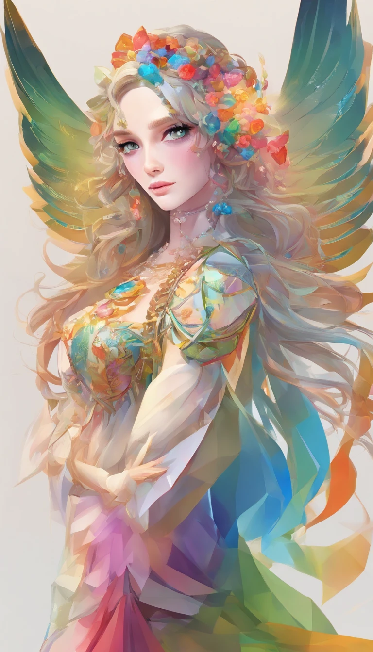 (((master part))), (((best quality))), ((ultra-detalhado)),(Highly detailed CG illustration), ((um extremamente delicado e bonito)),olhos amarelos, Cinematic light, arte de fantasia impressionante. Mythological fantasy and fairy tale fantasy, Fantastic rainbow accent. ((Use o pastel como esquema de cores principal.)) Delicate character, mas forte,Aura of mystery and magic, (Beautiful Translucent Rainbow Wings). intricate facial features, olhos cativantes com cores brilhantes e sombras ousadas. As roupas do personagem devem ser desenhadas com penas de gossamer, seda, Amazing embroidery, e detalhes sutis iridescentes. Cores sonhadoras, dynamic lighting, e elementos de fundo detalhados,Colorful flying magic birds and jewel-toned rainbow butterflies that exude magical halos. Consider the latest trends in fantastic art, How to incorporate unique lighting effects, Explore dynamic and compelling compositional techniques. Mulher de 46 anos paregida com gwineth paltrow