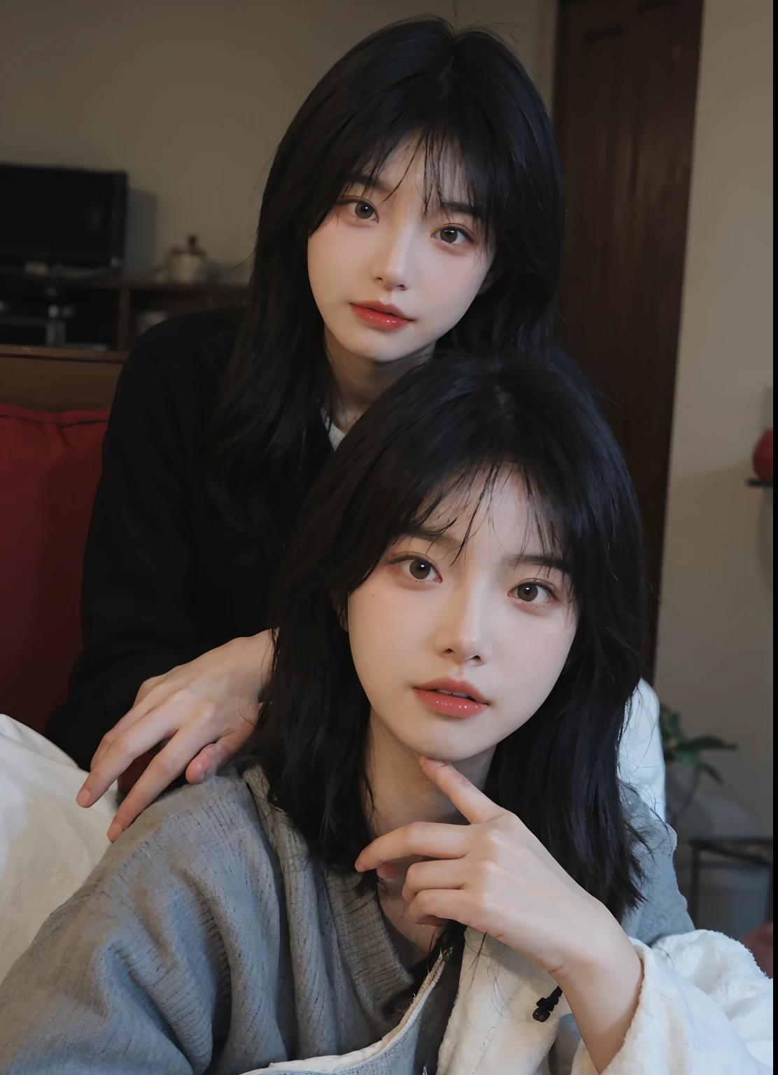 best qualtiy, 超高分辨率, (realisticlying:1.4), A woman with long black hair and a gray sweater, 中景 the scene is, She has black hair,By bangs, young lovely Korean faces, wan adorable korean face, ulzzangs, Shin Jinying, beautiful aesthetic face, Korean face features, Played by Liu Lee Ji Eun ,Beautiful realistic face