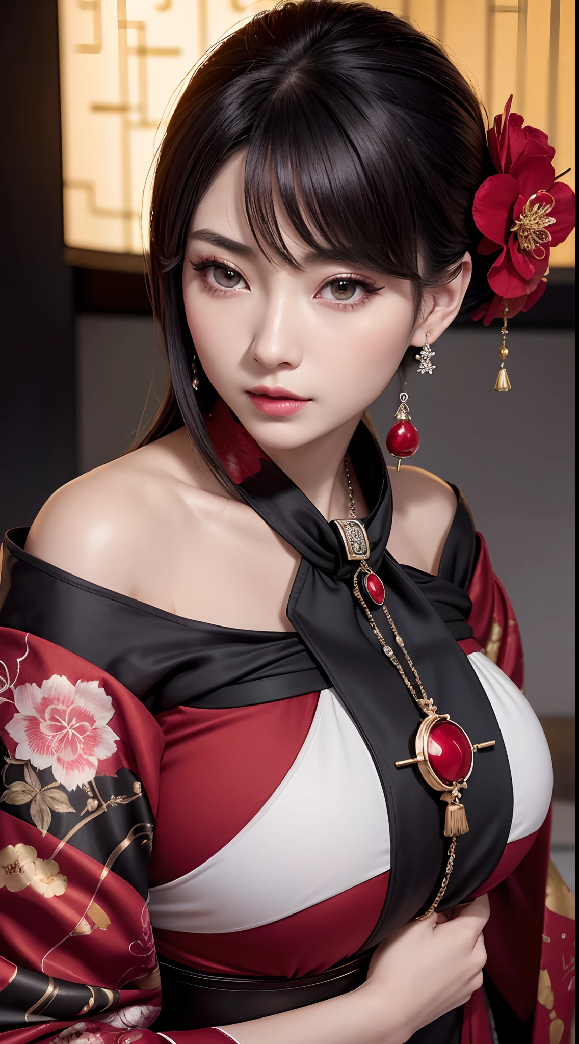 (hyper realstic)、Modern Oiran、(Female Ninja of the 21st Century)、Beautie high-level image quality hight resolution (Realistic) Shorthair、Woman with dark hair、A MILF、Middle-aged woman、Big big、Detailed red-black 、detailed skin textures、超A high resolution、Realistic、Voluptuous body shape、angry looking face、Middle-aged beauty、Beautiful expression、With detailed red-black areola 、detailed brown eyes、long fluffy hair、Kamimei、Very delicate and detailed skin texture、35 years old、{There is a helipad at night((Being on the roof of a skyscraper))}、Modern Oiran、Large cleavage、Large open neckline、bright red lips、Wearing gorgeous clothes, Luxurious and luxurious kimono、ear ornament、Silver collar and necklace、gorgeous hair decoration、