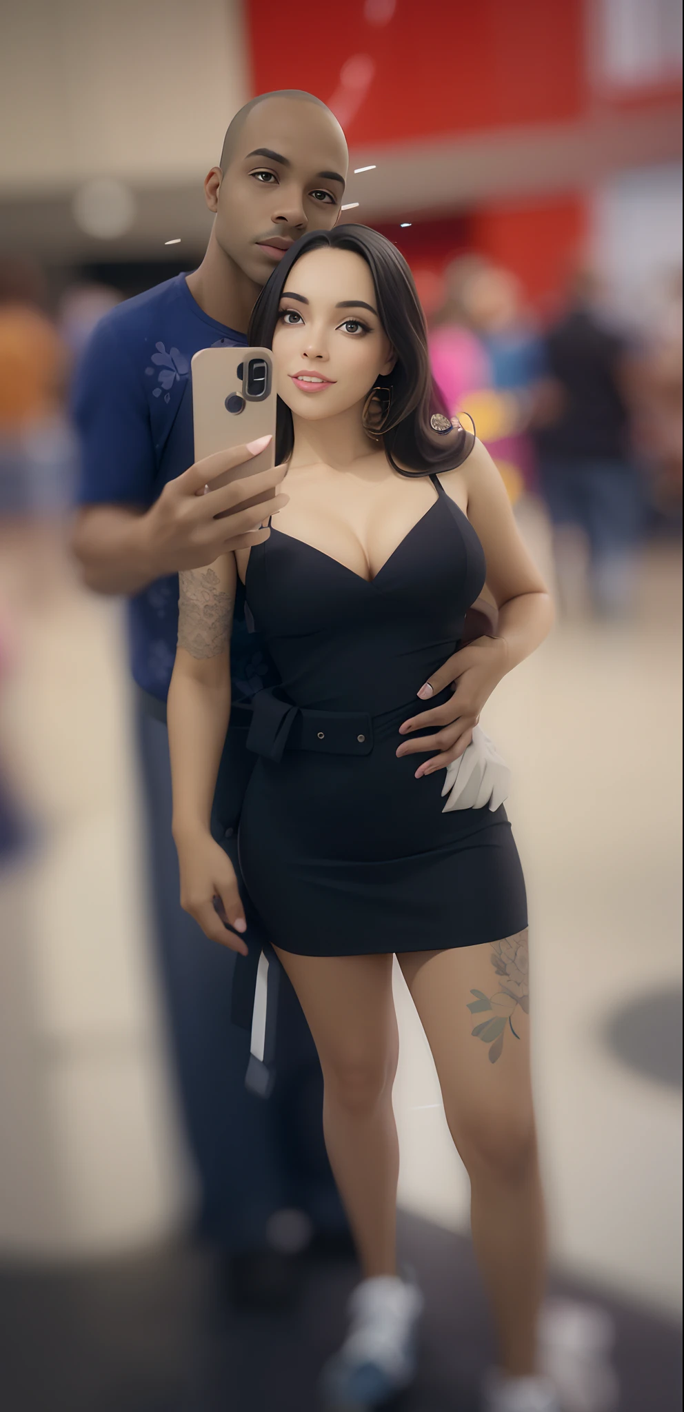 there is a man and a woman taking a selfie together, foto de baixa qualidade, she is wearing a black dress, suave em _ O pano de fundo, imagem de qualidade muito baixa, usando um vestido preto apertado, vestido curto, usando vestido preto, usando um vestido preto, olhar sexy, fotografia de baixa qualidade, menor linha de cintura de todos os tempos, foto da roupa, her hand is on her waist