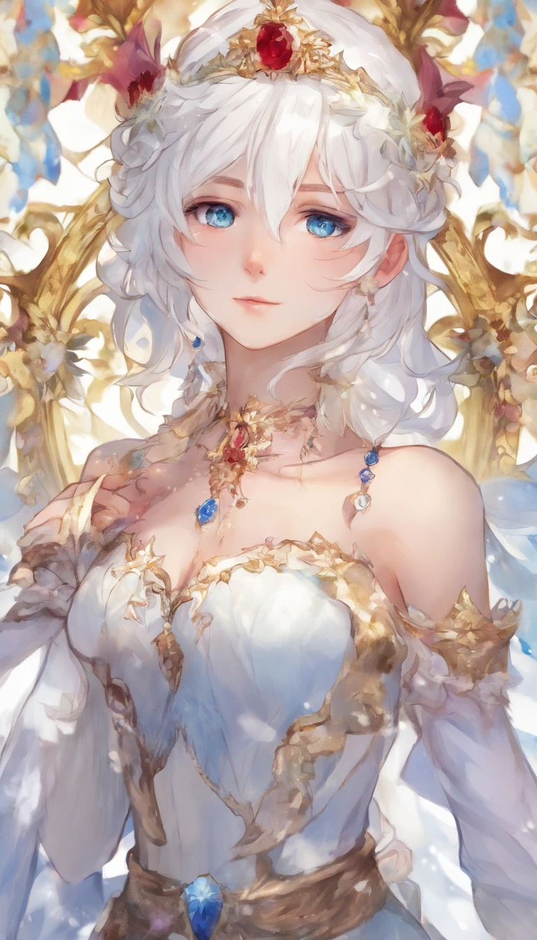 solo, 1girl, (masterpiece), ((20 year old appearance)), adult white hair, short hair, white eyes, anime girl, small Golden crown with a ruby ​​in the middle, Blue dress, Throne of ice
