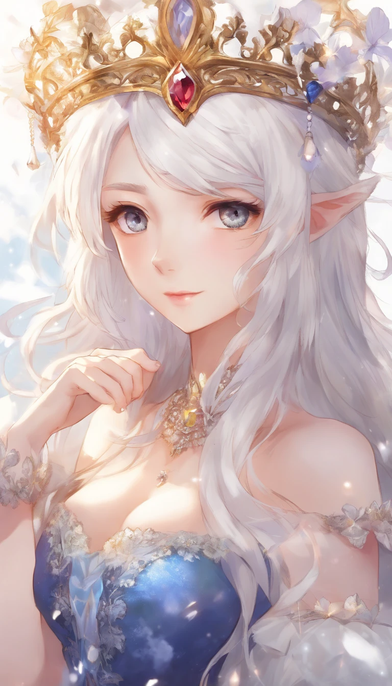 solo, 1girl, (masterpiece), ((20 year old appearance)), adult white hair, short hair, white eyes, anime girl, small Golden crown with a ruby in the middle, Blue dress, Throne of ice