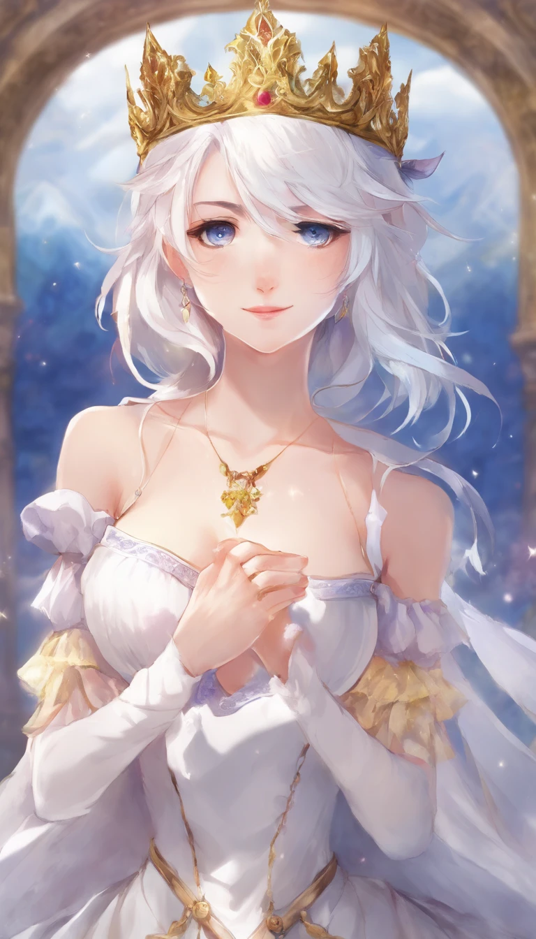 solo, 1girl, (masterpiece), ((20 year old appearance)), adult white hair, short hair, white eyes, anime girl, small Golden crown with a ruby ​​in the middle, Blue dress, Throne of ice
