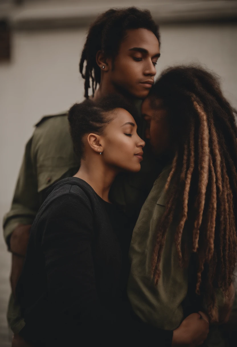 Lightskin teen boy with dreads with a lightskin teen girl with curly back hair kissing