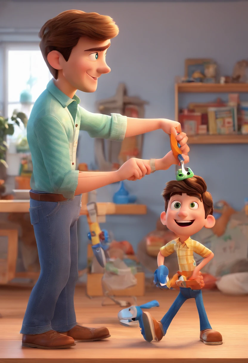 Estilo Pixar: The grown man is holding a naked blue-eyed boy and in his other hand he is holding a pair of scissors and is trying to cut off the boy's testicles,3D Poster,Disney