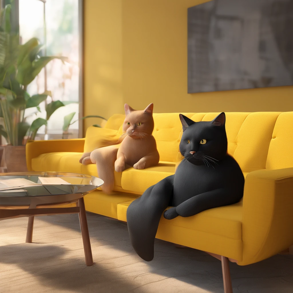 Yellow cat and black cat sitting on sofa, estilo Pixar, 3D, cartoon