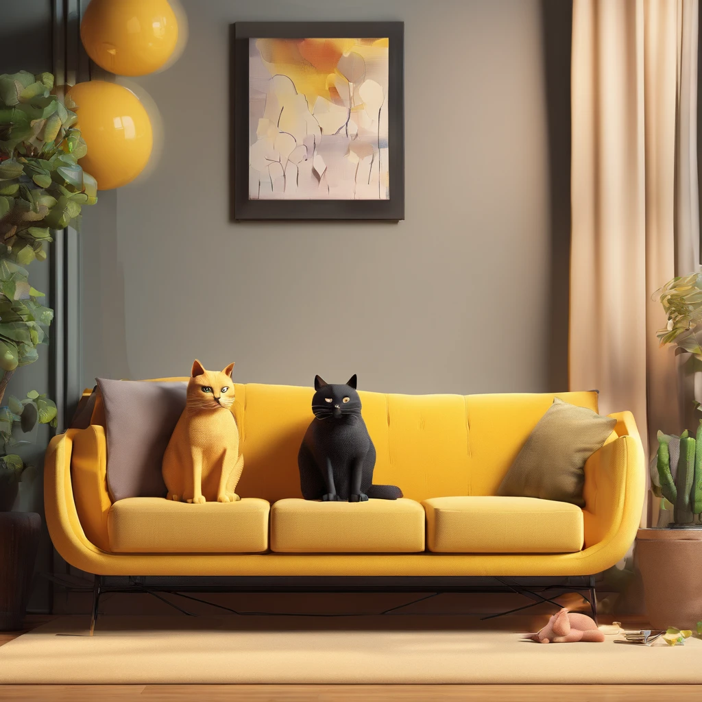 Yellow cat and black cat sitting on sofa, estilo Pixar, 3D, cartoon
