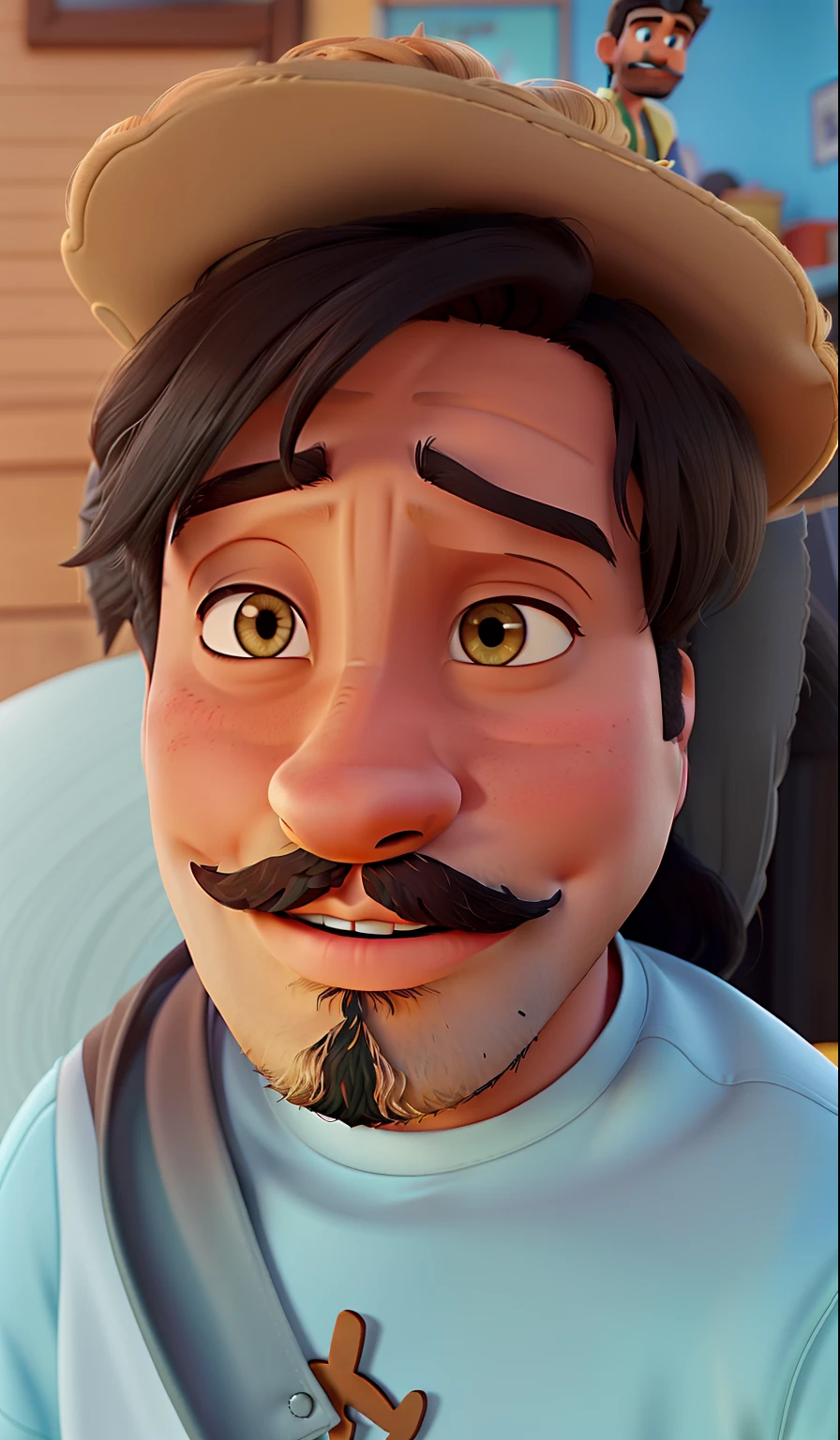 A black-haired brunette Brazilian with a mustache and beard with brown eyes without glasses and a black disney pixar style shirt, alta qualidade, melhor qualidade