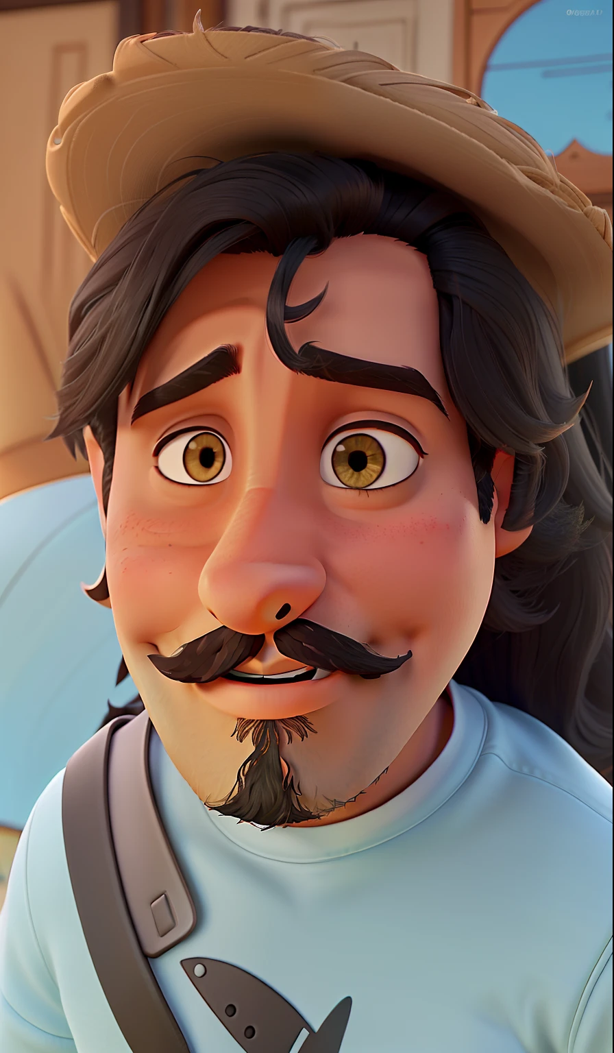 A black-haired brunette Brazilian with a mustache and beard with brown eyes without glasses and a black disney pixar style shirt, alta qualidade, melhor qualidade