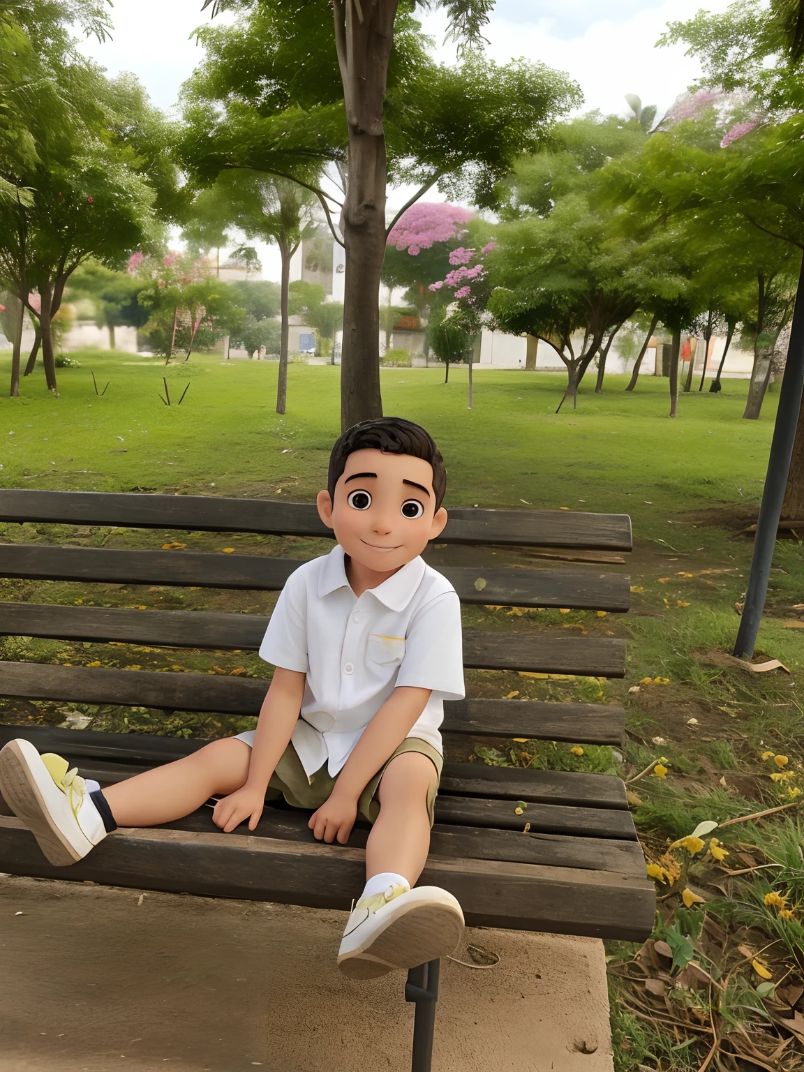 Menino, 1 ano e meio de idade, sorrindo, sitting on a square bench, com muitas flores, dia muito bonito