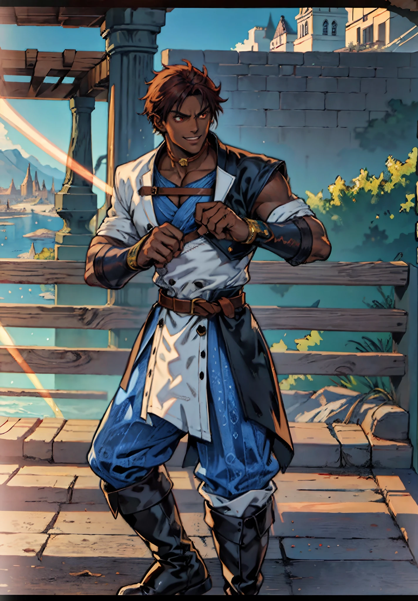 A young man, auburn hair, a center-parted back hairstyle, dark skin, narrow eyes, a cunning smile, a two-piece fantasy-reality style outfit, a white undershirt, a dark formal-style coat, wearing gloves, matching trousers with the outfit, has metallic-adorned knee-high boots, striking a boxing pose, against a background of horizon, this character embodies a finely crafted fantasy-reality style fighter in anime style, characterized by an exquisite and mature manga illustration art style, high definition, best quality, highres, ultra-detailed, ultra-fine painting, extremely delicate, professional, anatomically correct, symmetrical face, extremely detailed eyes and face, high quality eyes, creativity, RAW photo, UHD, 8k, Natural light, cinematic lighting, masterpiece-anatomy-perfect, masterpiece:1.5, tan skin