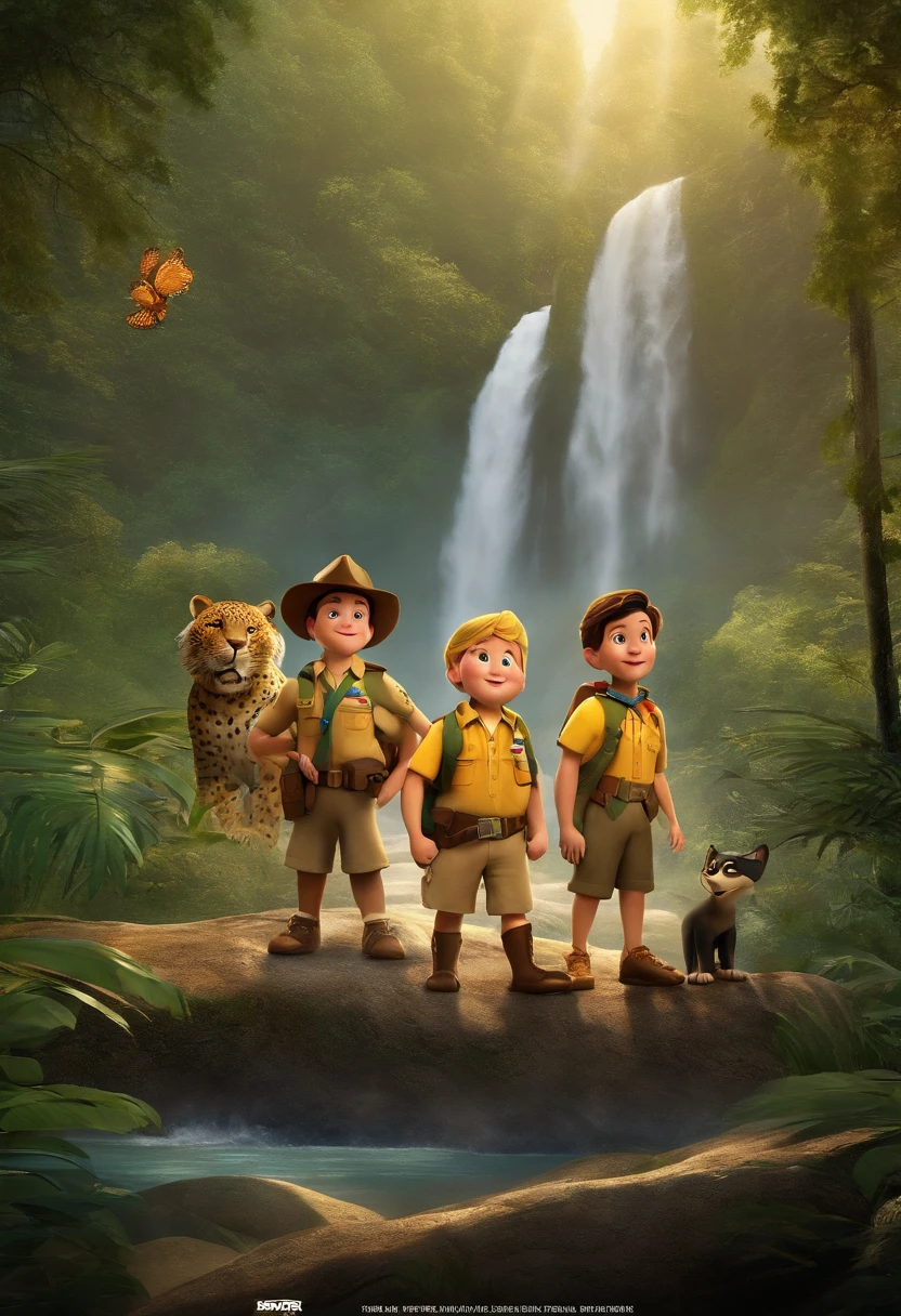 a Disney Pixar movie poster showing a white-skinned family, all with yellow colored scarf with black tips of Boy Scout , Chubby dad in a hat with scout scarf, Chubby mom with Boy Scout scarf, A skinny blonde daughter with Boy Scout scarf, and another chubby blonde daughter in a Boy Scout scarf with a pet jaguar in a forest with a waterfall in the background, in the footer it reads JAGUAR TROOP. 3D-rendering