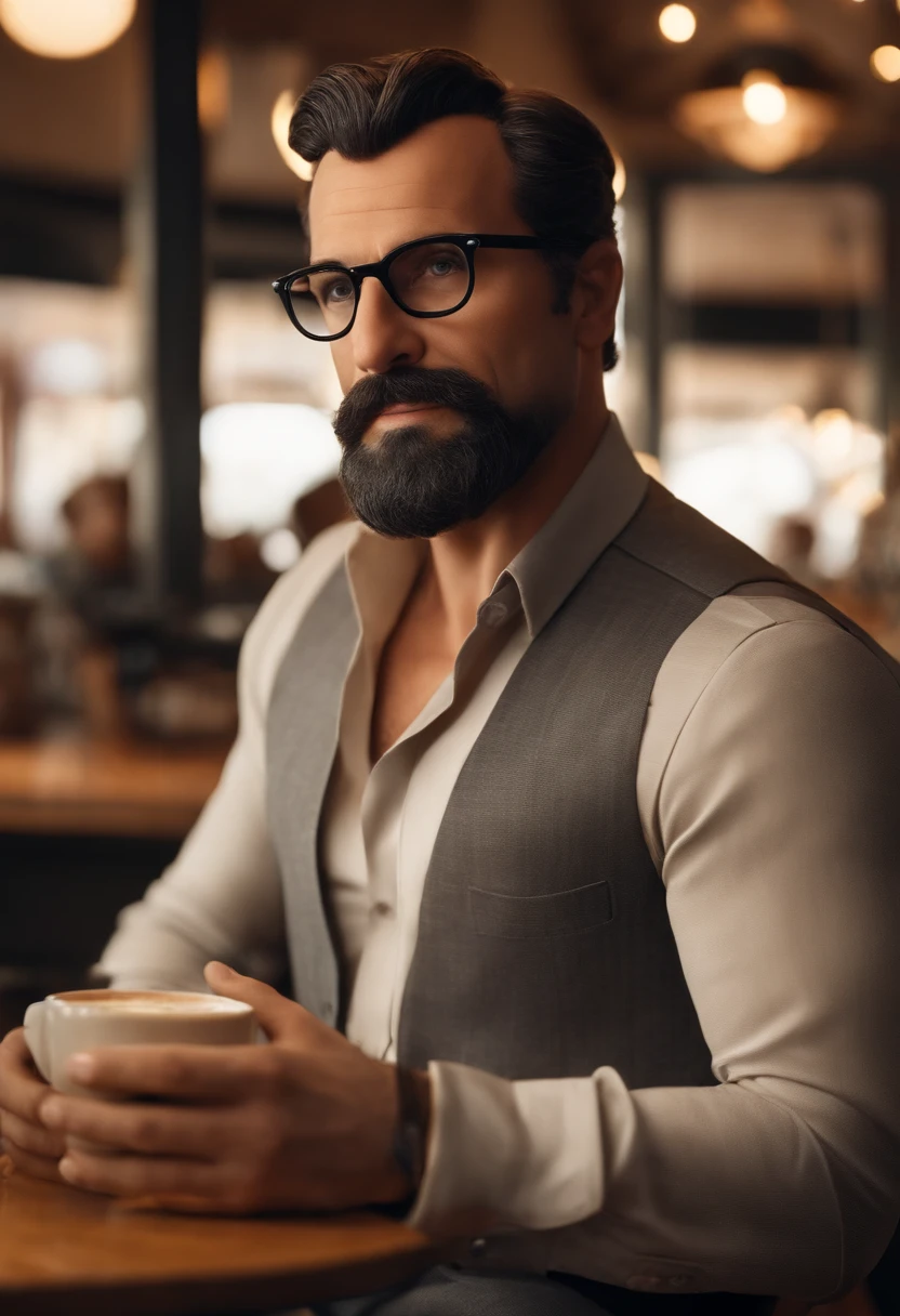 Uma Disney 3D/Cartaz do filme Pixar. um homem, moreno, 38 anos de idade, 1,95 de altura, cabelos pretos lisos com um corte na lateral, possue uma barba grande, usa um oculos de grau preto, tem rosto fino, Its origin is Arabic, esta vestido com um belissimo fraque preto, sapatos prestos, esta toamndo um cafe em bessima cafeteria de luxo.