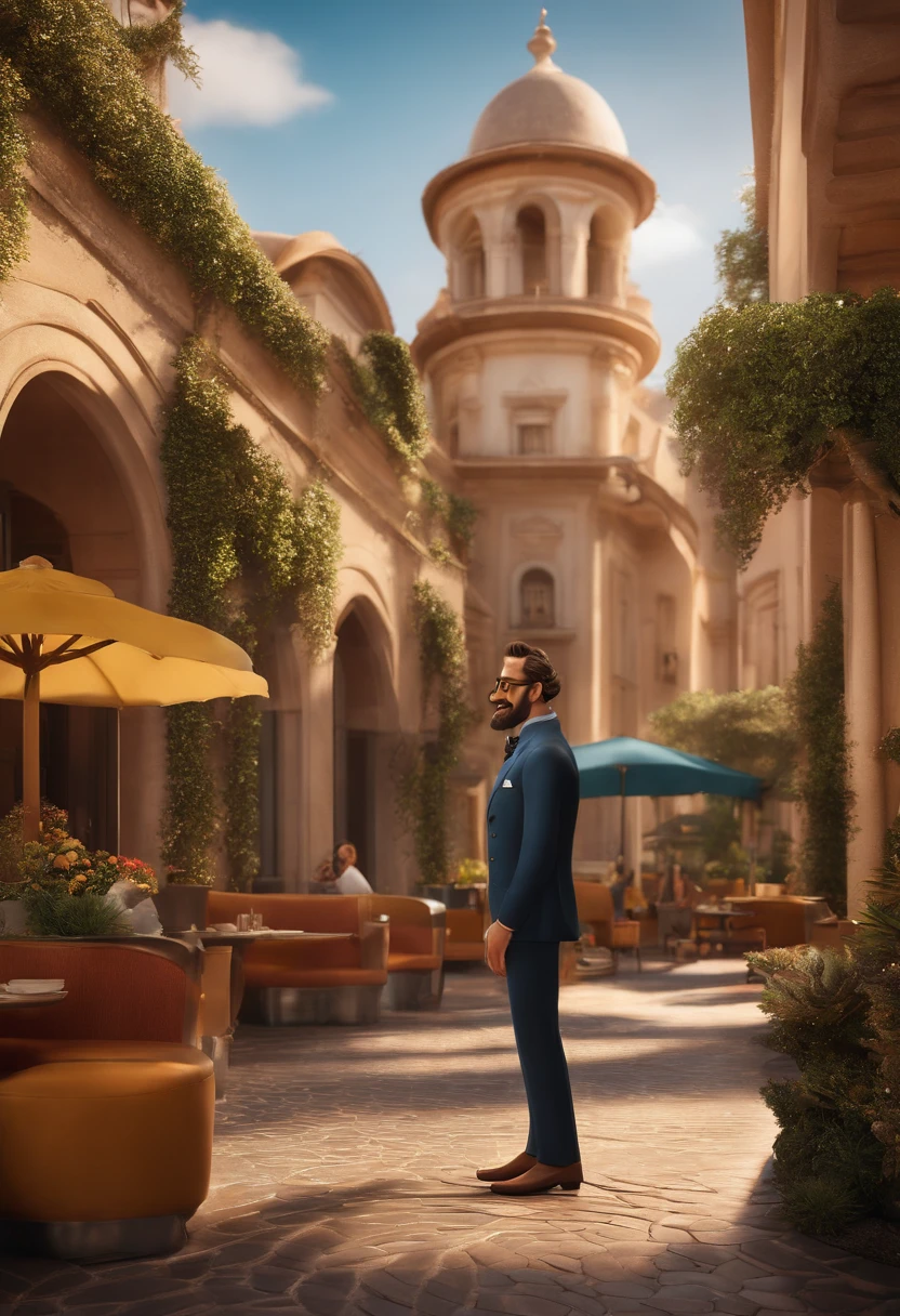 Uma Disney 3D/Cartaz do filme Pixar. um homem, moreno, 38 anos de idade, 1,95 de altura, cabelos pretos lisos com um corte na lateral, possue uma barba grande, usa um oculos de grau preto, tem rosto fino, Its origin is Arabic, esta vestido com um belissimo fraque preto, sapatos prestos, esta toamndo um cafe em bessima cafeteria de luxo.
