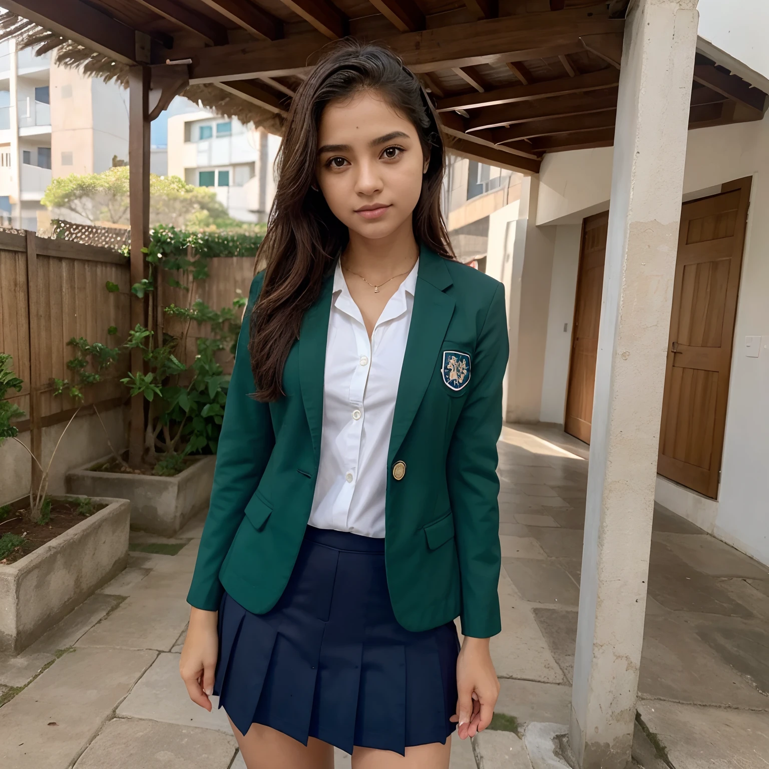 master part, best quality, 1girl, sozinho, Nahida_Genshin, pupilas em forma de cruz, Uniforme escolar, gravata verde, Blazer, saia plissada, Cabo Verde, Standing