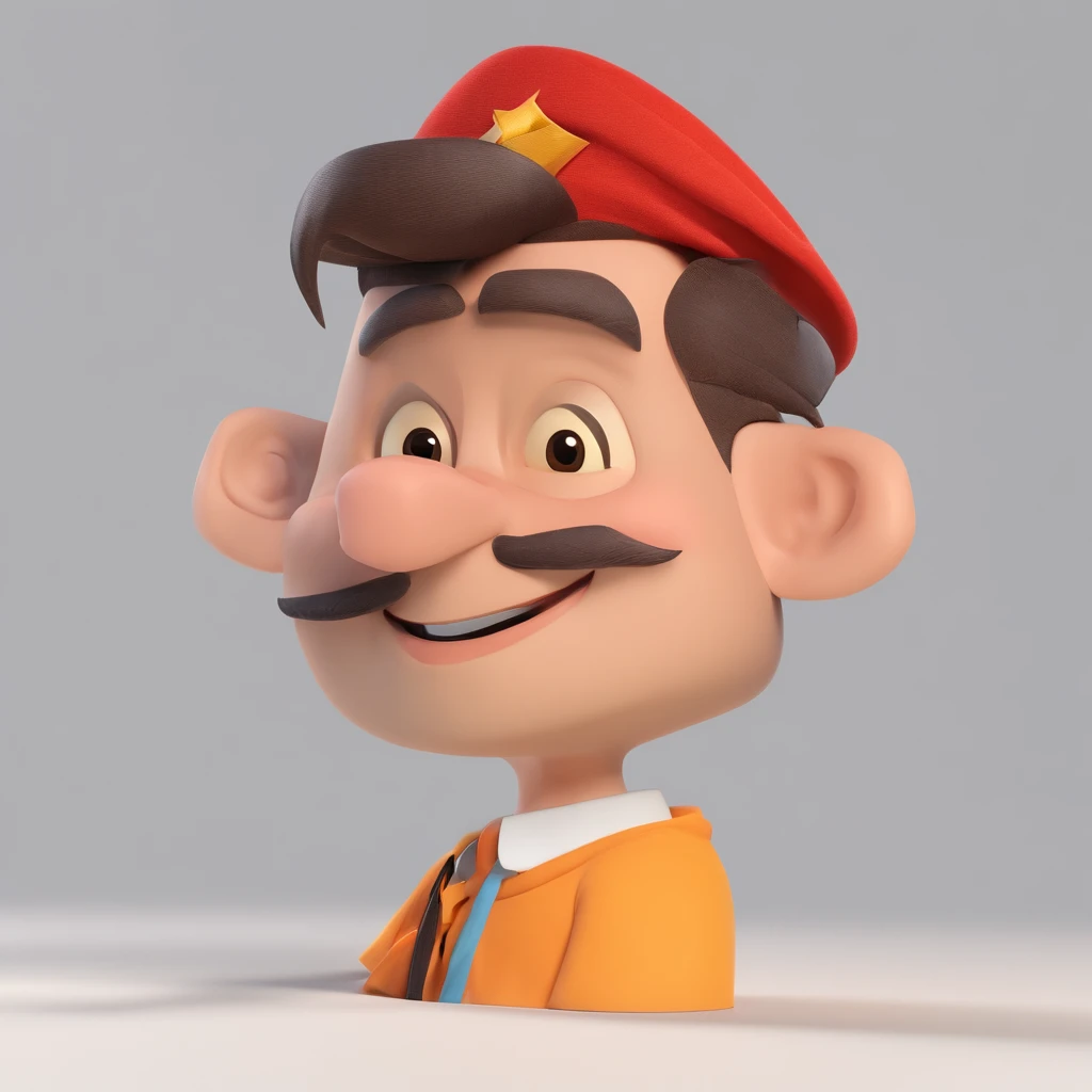 Criar um personagem no estilo Pixar. Trata-se de um homem de 30 anos, com barba, Branco, com cabelos castanhos curtos e um quiff, e olhos castanhos. Ele deve estar na frente de um computador, Trabalhar como designer