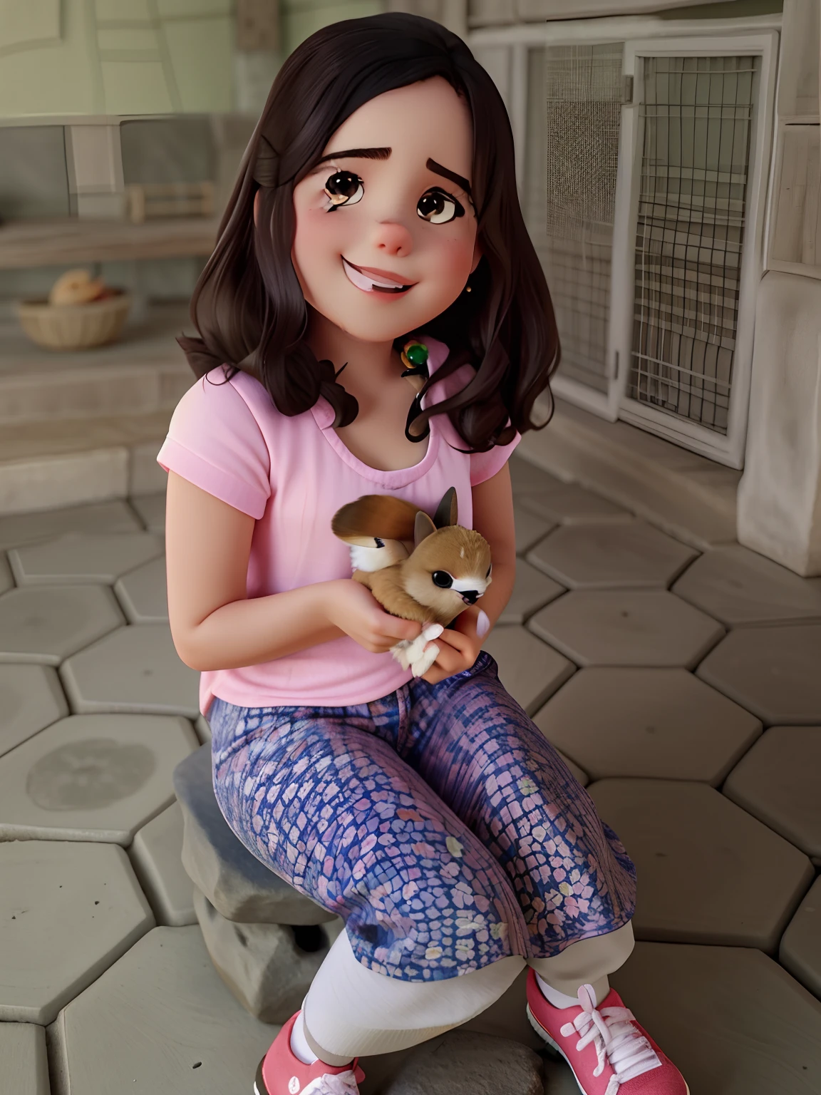 Arafed girl sitting on a stone floor holding a small rabbit, com pintinhos, Directed by: Nandor Soldier, segurando um coelho, Directed by: Samuel Silva, ela tem cerca de 1 6 anos de idade, Fotografia tirada em 2 0 2 0, muito fofo, by Amelia Peláez, com um sapo bonito, Directed by: Emerson Silva, super cute and friendly, Directed by: Judith Gutierrez