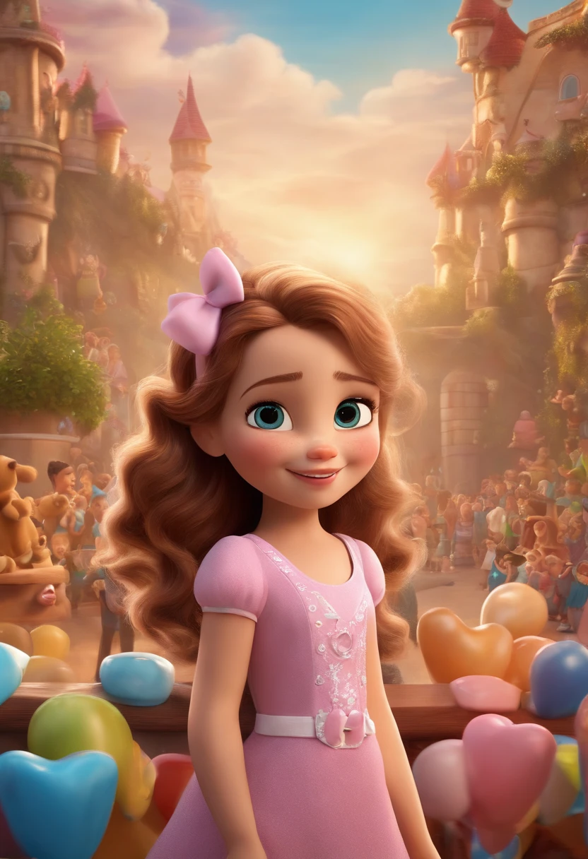 Disney Pixar style image in 3D in high definition, the setting is an amusement park with lots of sweets, popcorn, teddy bears and children playing. The main character is a 3 year old girl. Her skin is white, brown eyes, straight medium brown hair with blonde nuances. She has her hair down and a pink bow on her head on the right side, she is wearing a white romper, a pink blouse with glitter and white sneakers