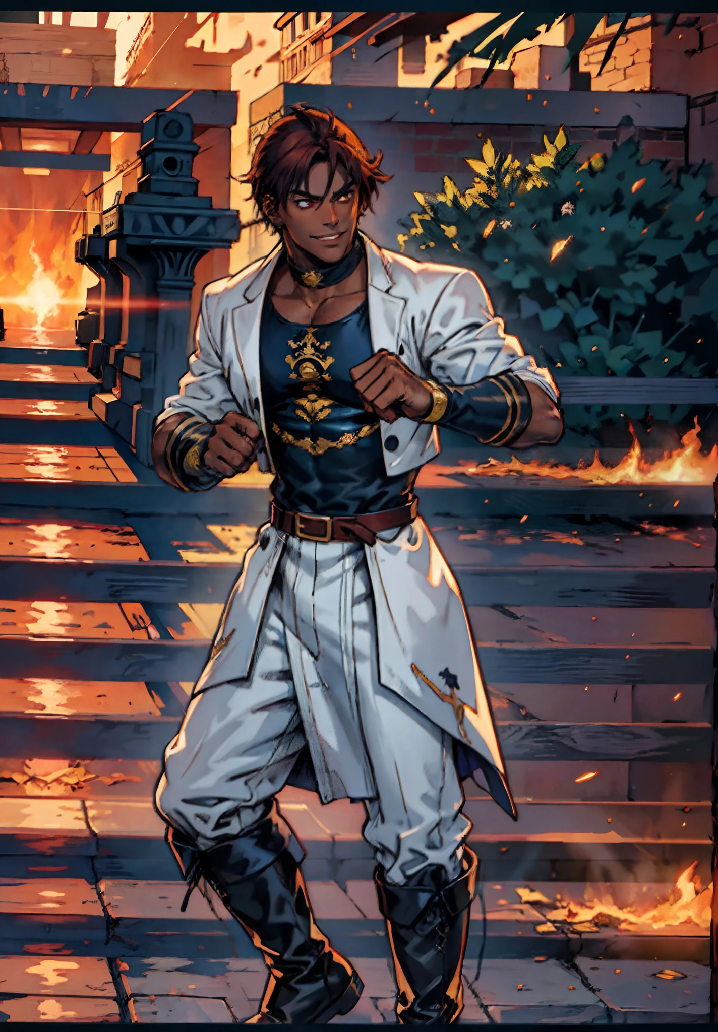 A young man, auburn hair, a center-parted back hairstyle, dark skin, narrow eyes, a cunning smile, a two-piece fantasy-reality style outfit, a white undershirt, a dark formal-style coat, wearing gloves, matching trousers with the outfit, has metallic-adorned knee-high boots, striking a boxing pose, against a background of horizon, this character embodies a finely crafted fantasy-reality style fighter in anime style, characterized by an exquisite and mature manga illustration art style, high definition, best quality, highres, ultra-detailed, ultra-fine painting, extremely delicate, professional, anatomically correct, symmetrical face, extremely detailed eyes and face, high quality eyes, creativity, RAW photo, UHD, 8k, Natural light, cinematic lighting, masterpiece-anatomy-perfect, masterpiece:1.5, tan skin