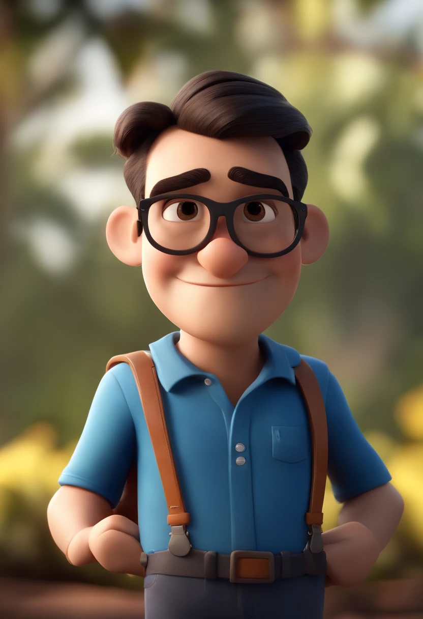 Cartoon character of a man wearing black glasses and a blue shirt, um personagem animado, Caractere estilizado, animation style rendering, 3D estilizado, Arnold Maya render, 3 d render stylized, toon render keyshot, Personagem 3D, Personagem 3D, 3d rendering stylized, 3 d character render, personagem de desenho animado, Personagem de close up, Pose de personagem, (Estilo Pixar) (master part:1.2) (Bokeh) (best quality) (pele detalhada) (textura detalhada) (8k) (argila) (Cinematic lighting) (foco nítido，Senta e vaza a parte superior do corpo
