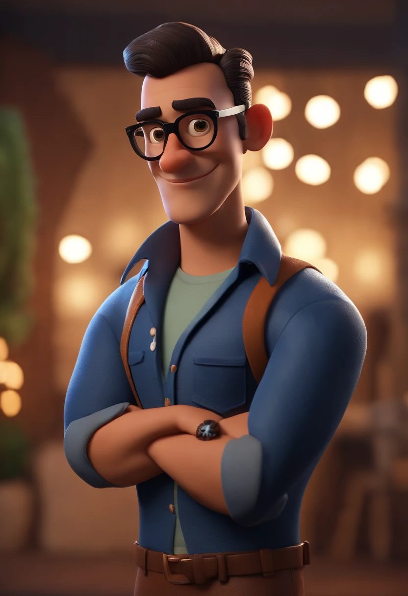 Cartoon character of a man wearing black glasses and a blue shirt, um personagem animado, Caractere estilizado, animation style rendering, 3D estilizado, Arnold Maya render, 3 d render stylized, toon render keyshot, Personagem 3D, Personagem 3D, 3d rendering stylized, 3 d character render, personagem de desenho animado, Personagem de close up, Pose de personagem, (Estilo Pixar) (master part:1.2) (Bokeh) (best quality) (pele detalhada) (textura detalhada) (8k) (argila) (Cinematic lighting) (foco nítido，Senta e vaza a parte superior do corpo