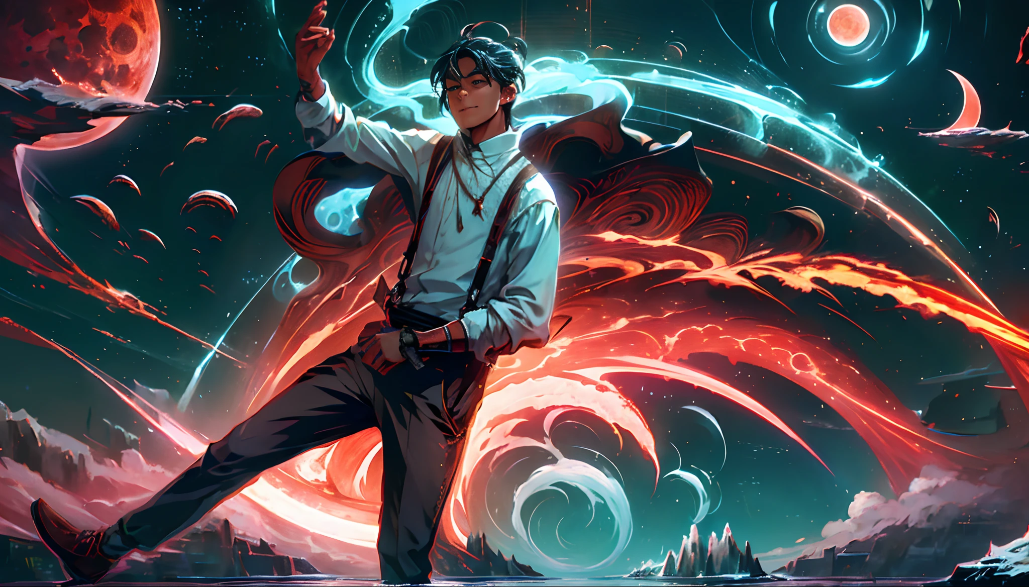 Starry sky over the sea,Great Blood Moon,Giant whales,Meteors streak across,aurora borealis,middle parted hairstyle,Suspenders,Boy student