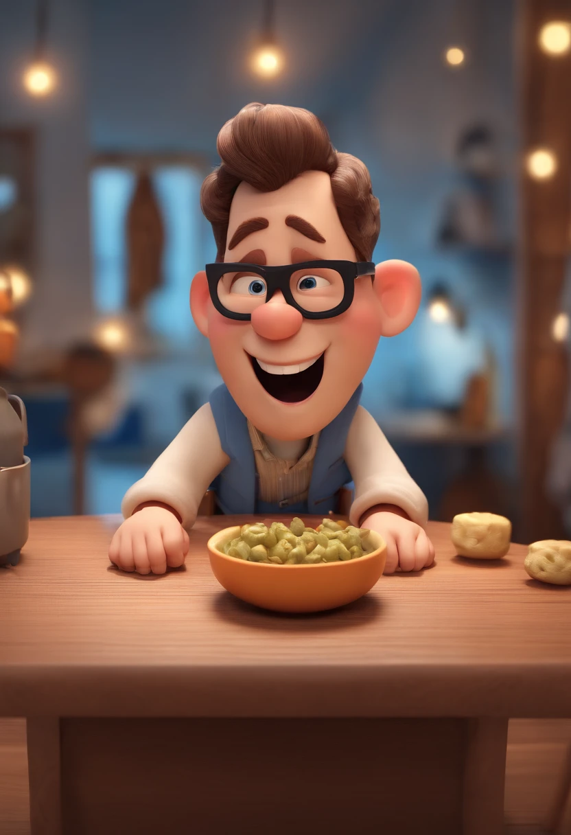 Cartoon character of a man wearing black glasses and a blue shirt, um personagem animado, Caractere estilizado, animation style rendering, 3D estilizado, Arnold Maya render, 3 d render stylized, toon render keyshot, Personagem 3D, Personagem 3D, 3d rendering stylized, 3 d character render, personagem de desenho animado, Personagem de close up, Pose de personagem, (Estilo Pixar) (master part:1.2) (Bokeh) (best quality) (pele detalhada) (textura detalhada) (8k) (argila) (Cinematic lighting) (foco nítido，Senta e vaza a parte superior do corpo