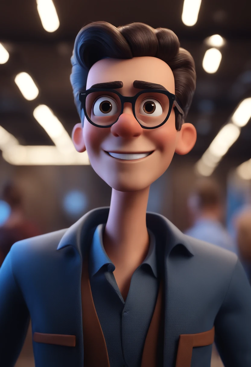 Cartoon character of a man with black glasses and a blue shirt, animation character, Caractere estilizado, animation style rendering, 3D estilizado, Arnold Maya render, 3 d render stylized, toon render keyshot, Personagem 3D, Personagem 3D, 3d rendering stylized, 3 d character render, personagem de desenho animado, Personagem de close up, Pose de personagem, (Estilo Pixar) (master part:1.2) (Bokeh) (best quality) (pele detalhada) (textura detalhada) (8k) (argila) (Cinematic lighting) (foco nítido