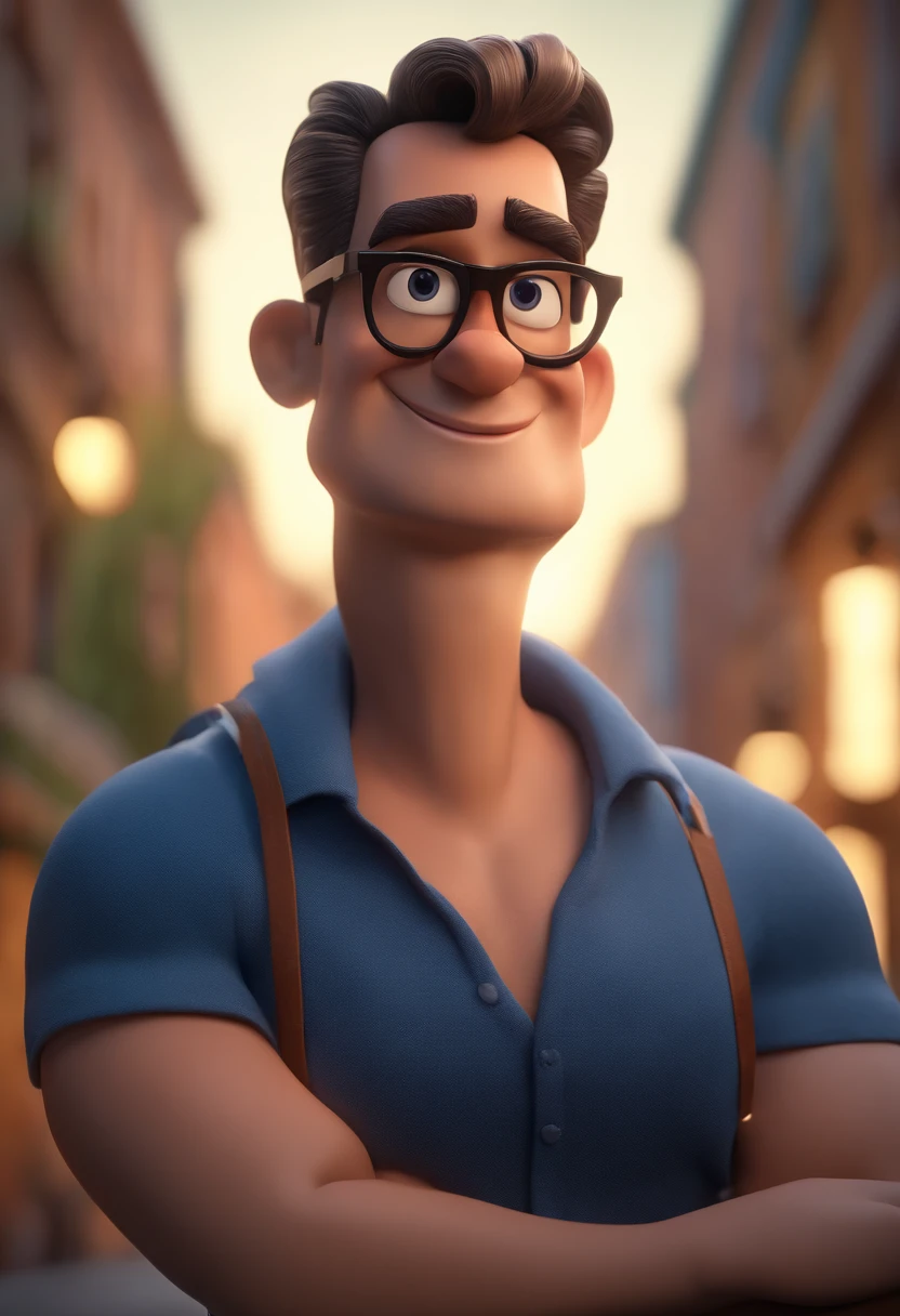 Cartoon character of a man with black glasses and a blue shirt, animation character, Caractere estilizado, animation style rendering, 3D estilizado, Arnold Maya render, 3 d render stylized, toon render keyshot, Personagem 3D, Personagem 3D, 3d rendering stylized, 3 d character render, personagem de desenho animado, Personagem de close up, Pose de personagem,  (Estilo Pixar) (master part:1.2) (Bokeh) (best quality) (pele detalhada) (textura detalhada) (8k) (argila) (Cinematic lighting) (foco nítido