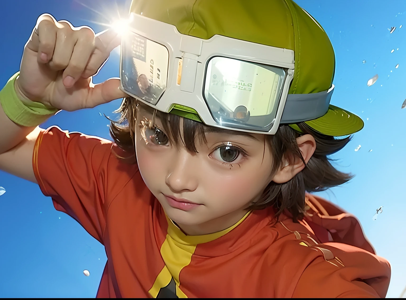 SDXL, photograph of Takuya kanbara, age boy, caucasian asian mix, sporty, green baseball cap, goggles on forehead, red overshirt, yellow tshirt