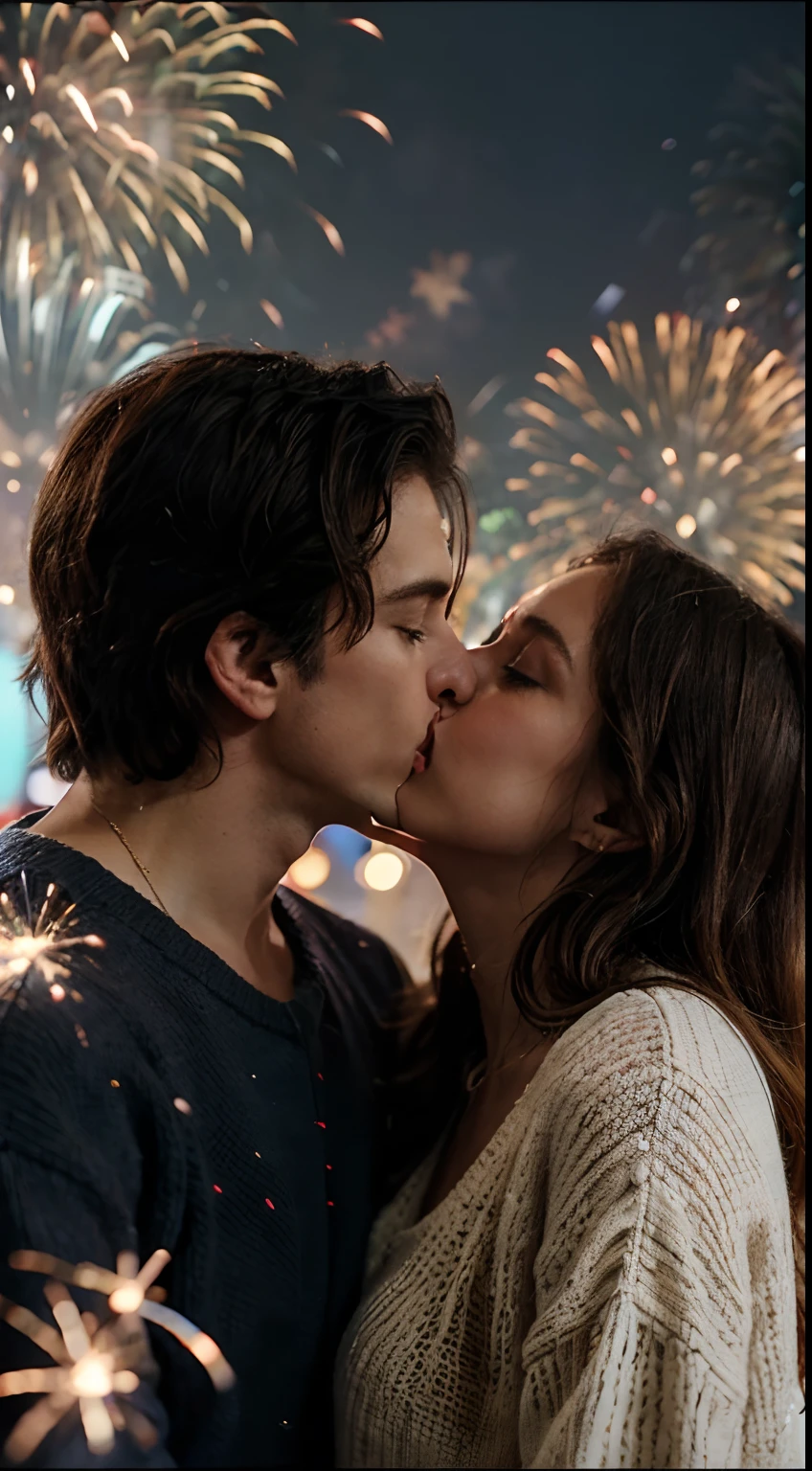 A man and a woman kiss in the midst of fireworks, Wear a sweater in a Christmas outfit,kissing together cutely,, couple kissing, movie screen shot, video still, Kissing, kissing together, double exposure of love,