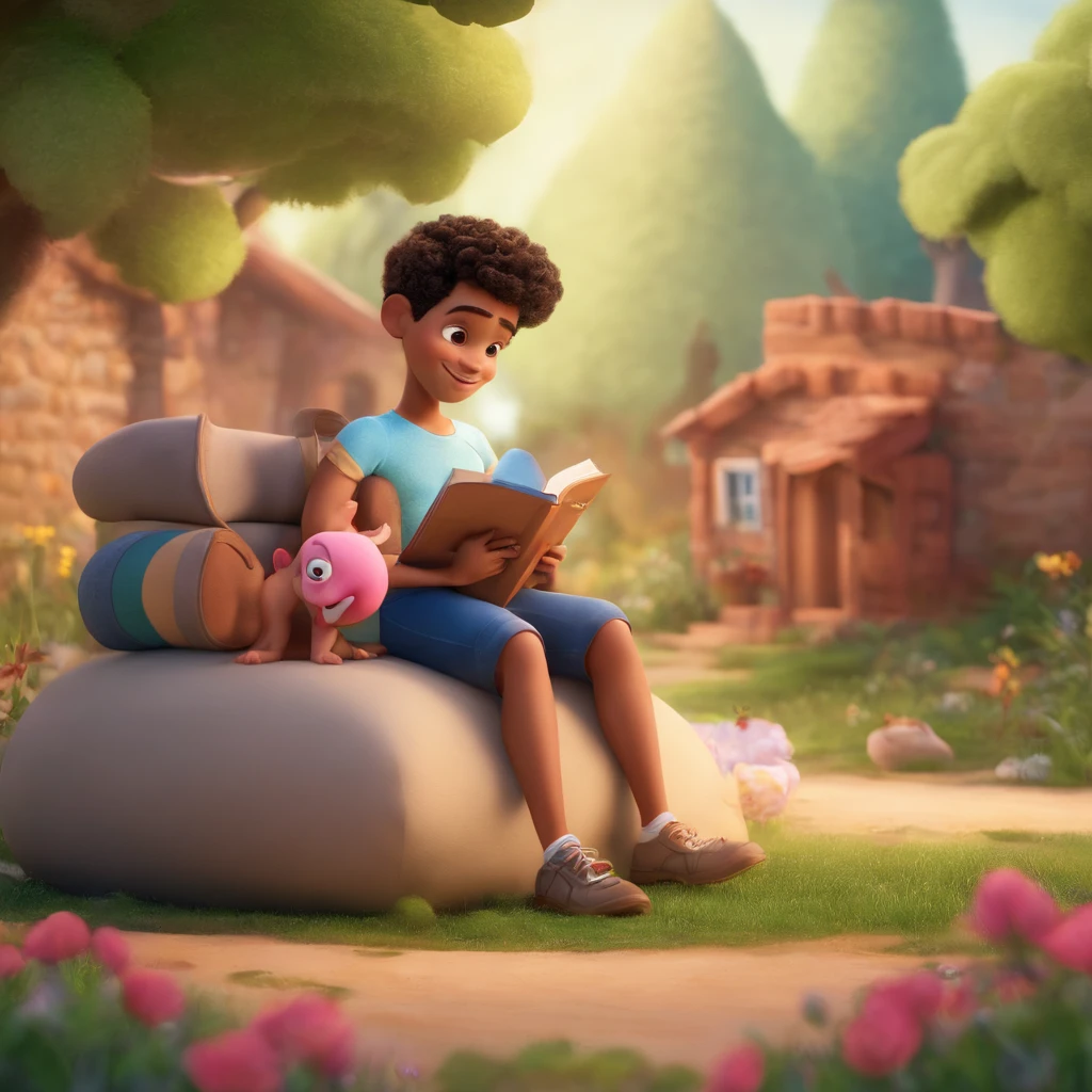 fundo branco, pixar desenhos animados 3D, homem lendo um livro, ::Pixar estilo desenhos animados curto menino de cabelo preto em uma camisa azul, Black shorts, Meias brancas e botas rosas chutando uma bola em um campo